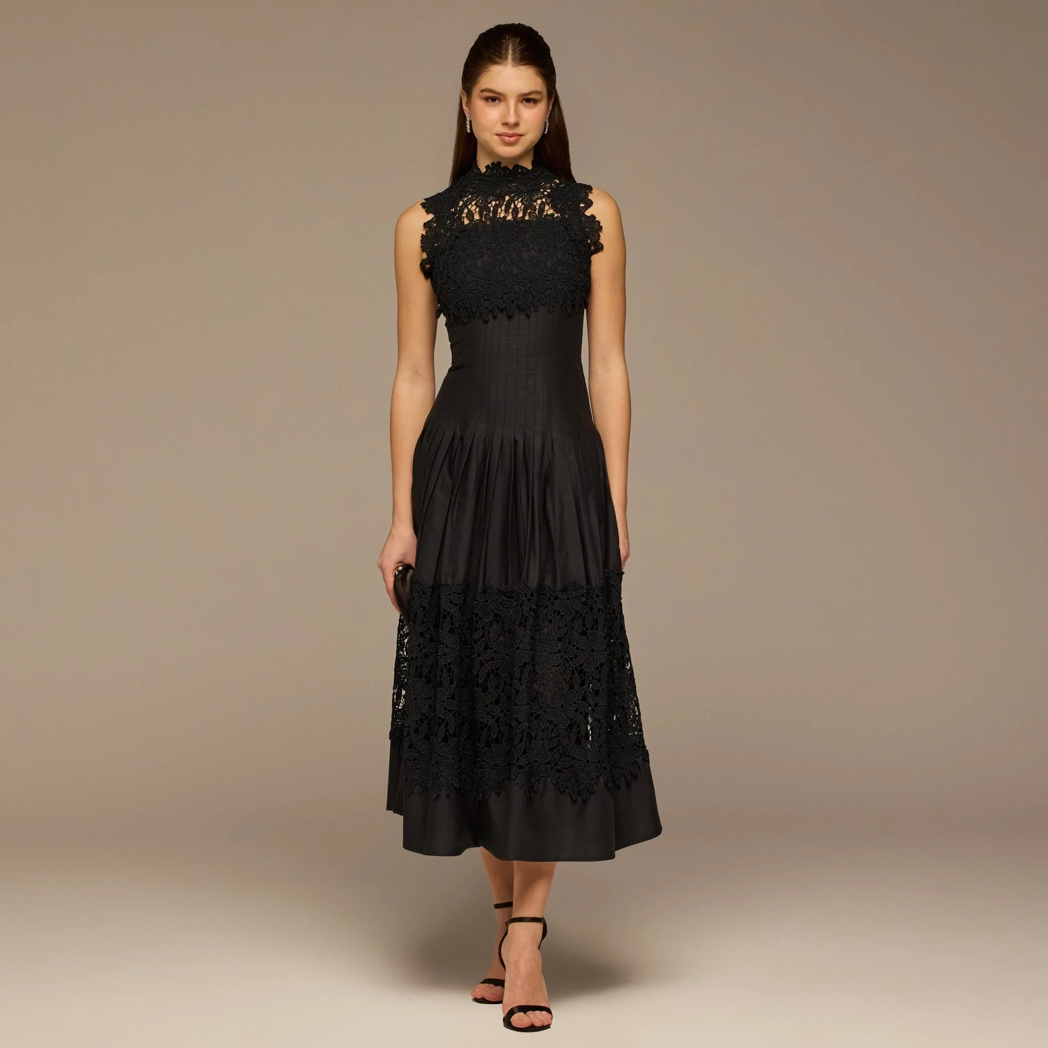 Black Lace-Paneled Cotton Midi Dress