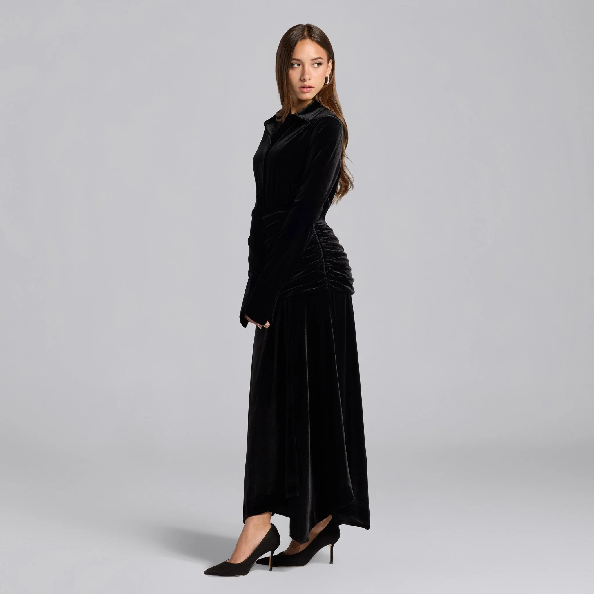 Black Draped Waist Maxi Velvet Dress - Image 2