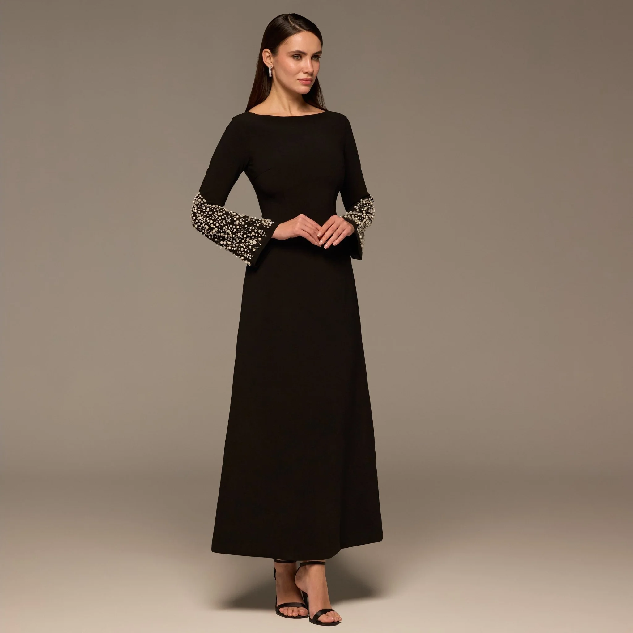Black Embellished Boat-Neck Crepe Dress - Image 2