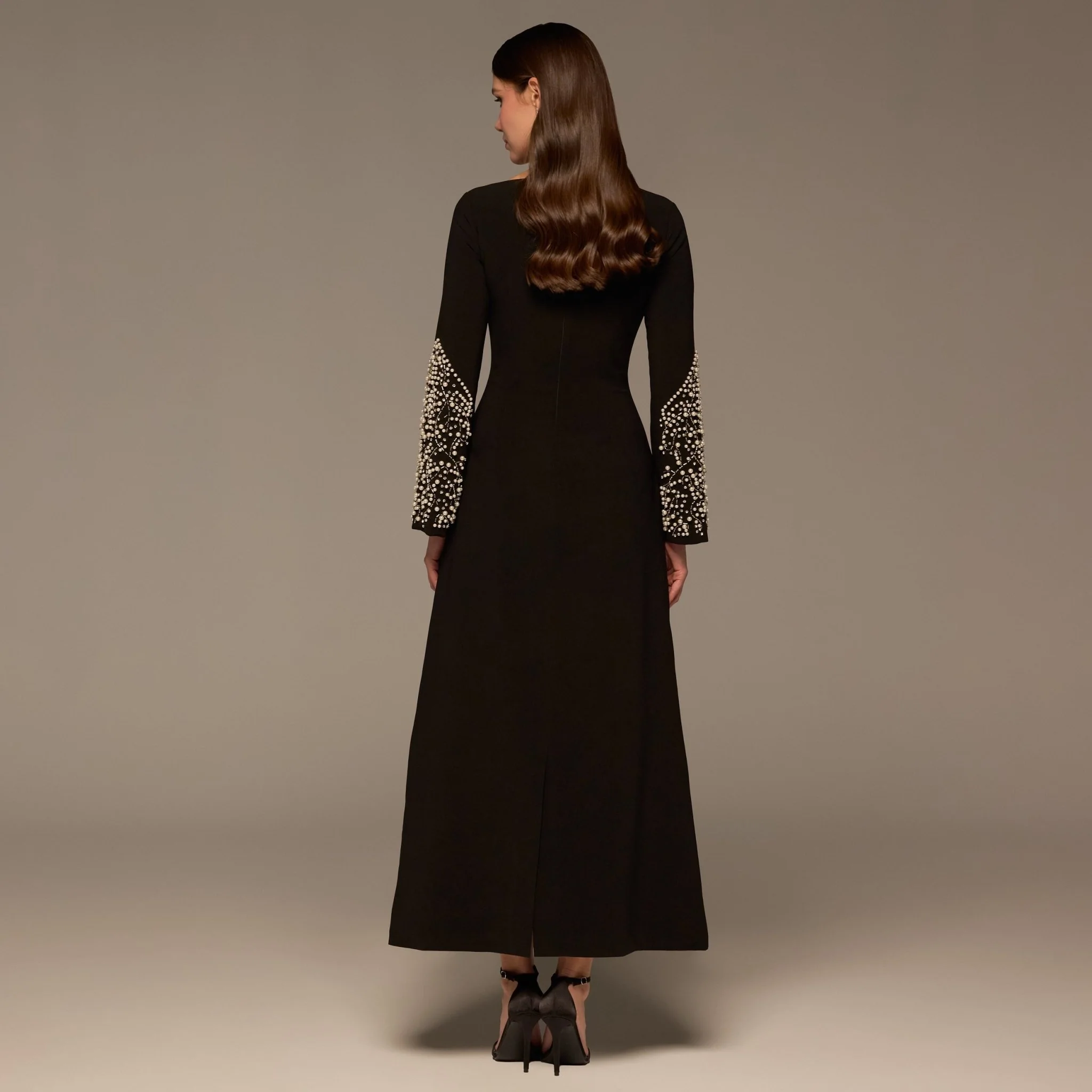 Black Embellished Boat-Neck Crepe Dress - Image 4