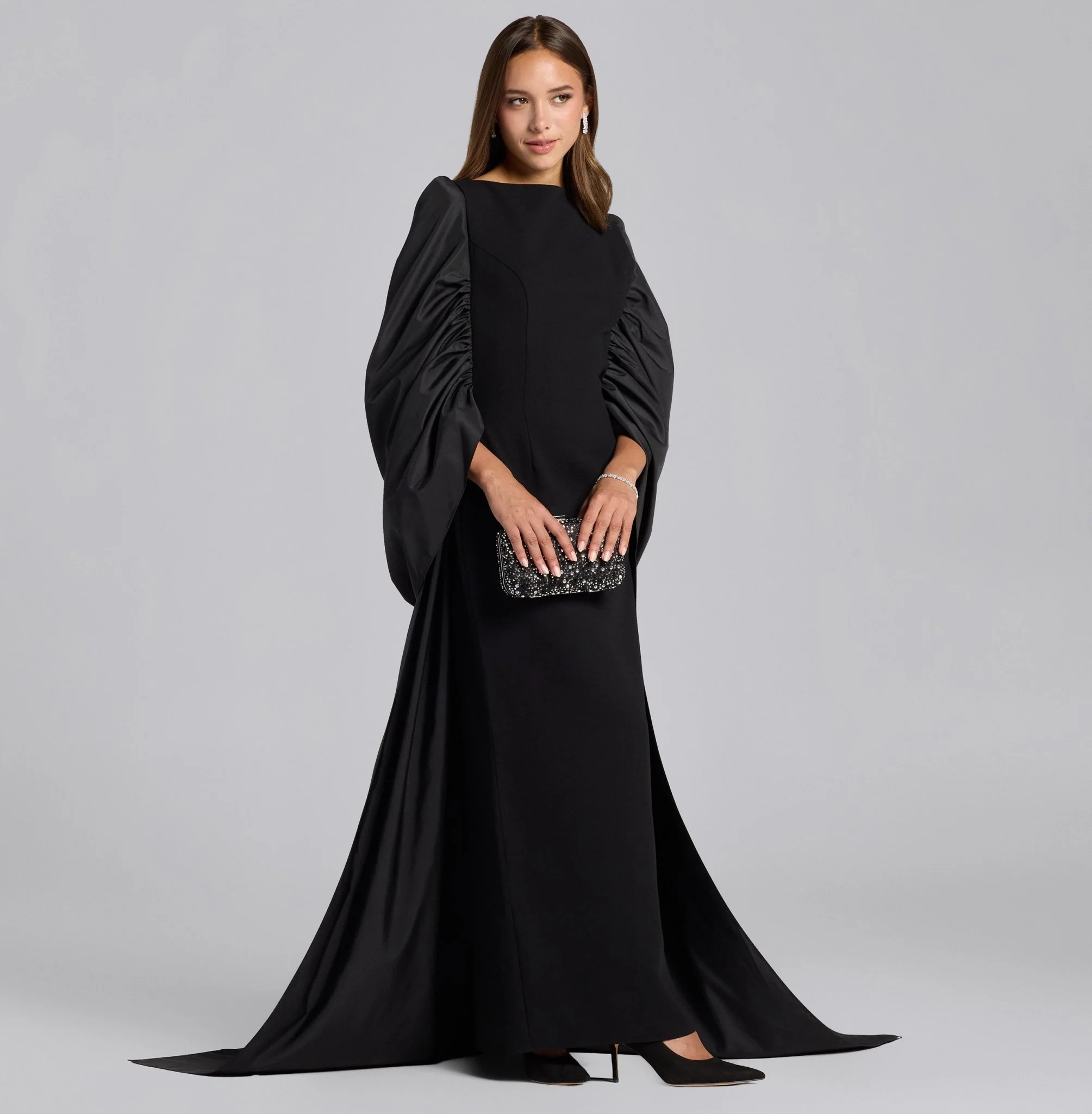Black Crepe-Taffeta Gown with Long Back Shawl - Image 2