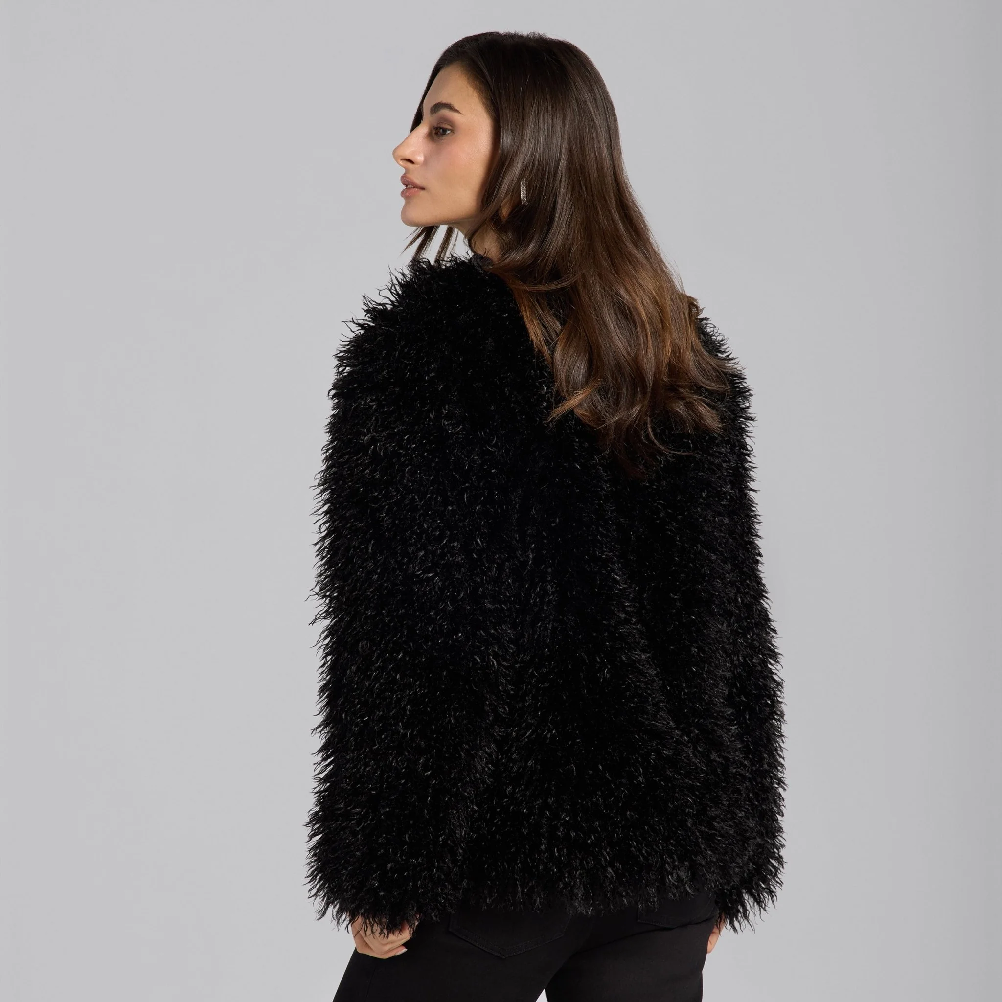 Black Faux Tibet Lamb Fur Jacket - Image 5