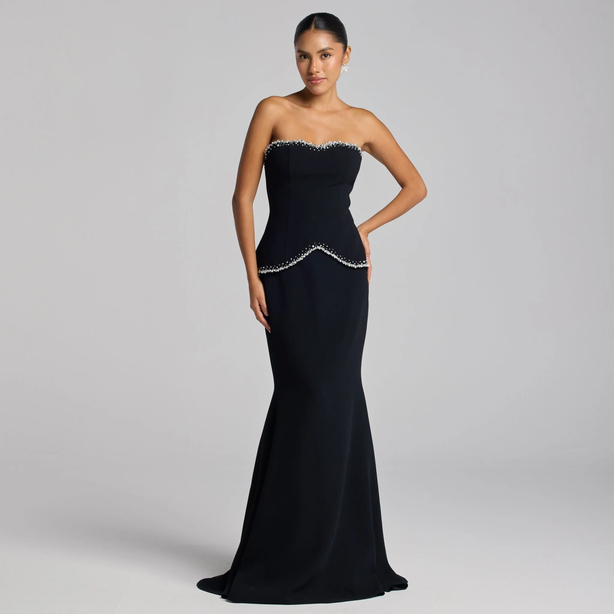 Black Strapless Crepe Gown with Pearl Trim - Image 2