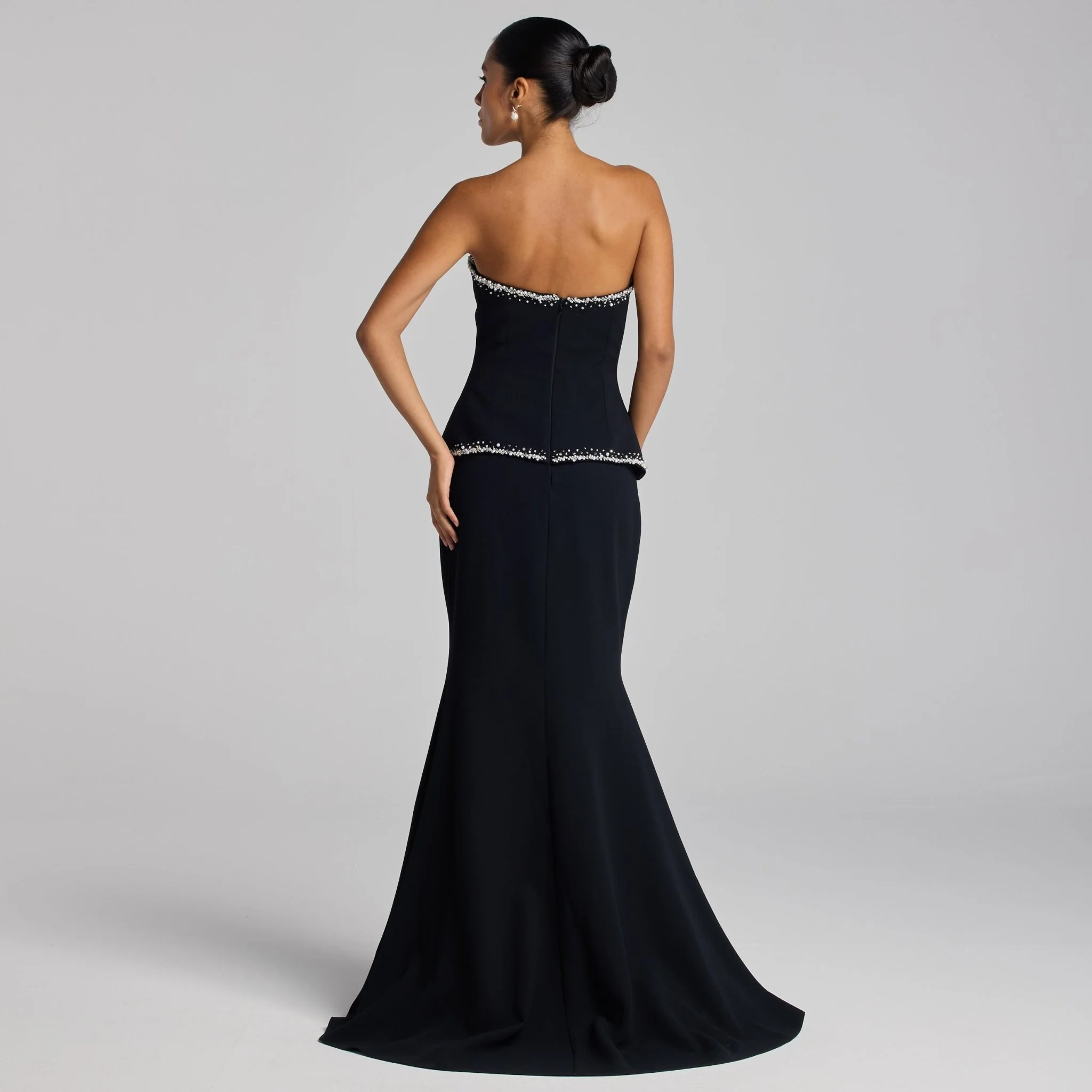 Black Strapless Crepe Gown with Pearl Trim - Image 4
