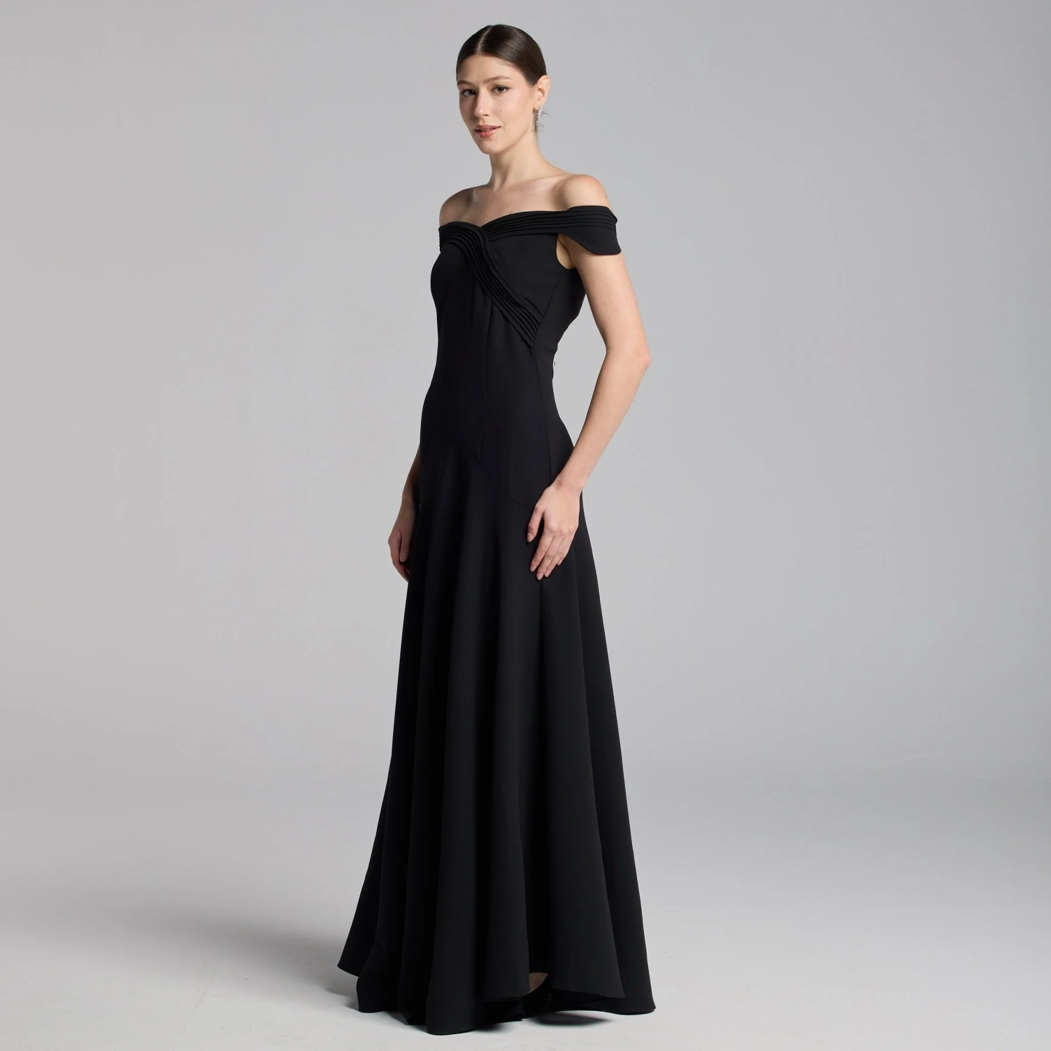 Black Crepe Maxi Dress with Pleated Details - Image 2