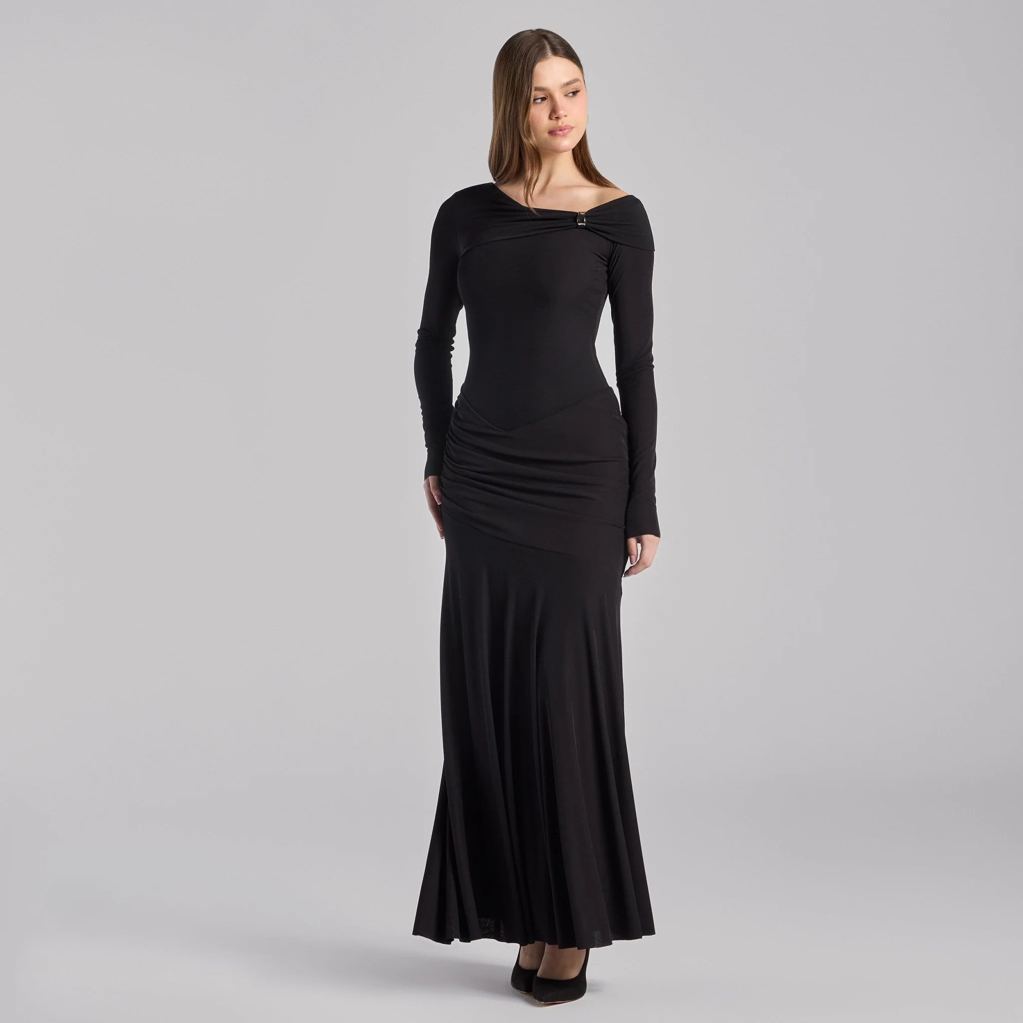 Black Draped Jersey Maxi Dress