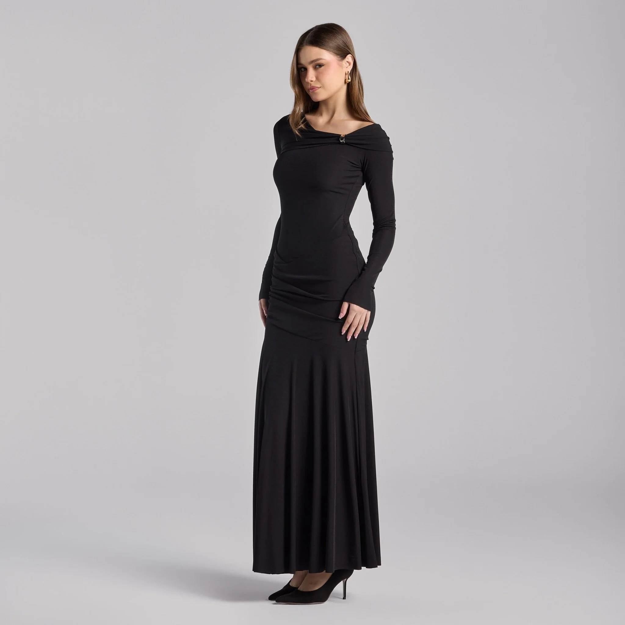 Black Draped Jersey Maxi Dress - Image 2