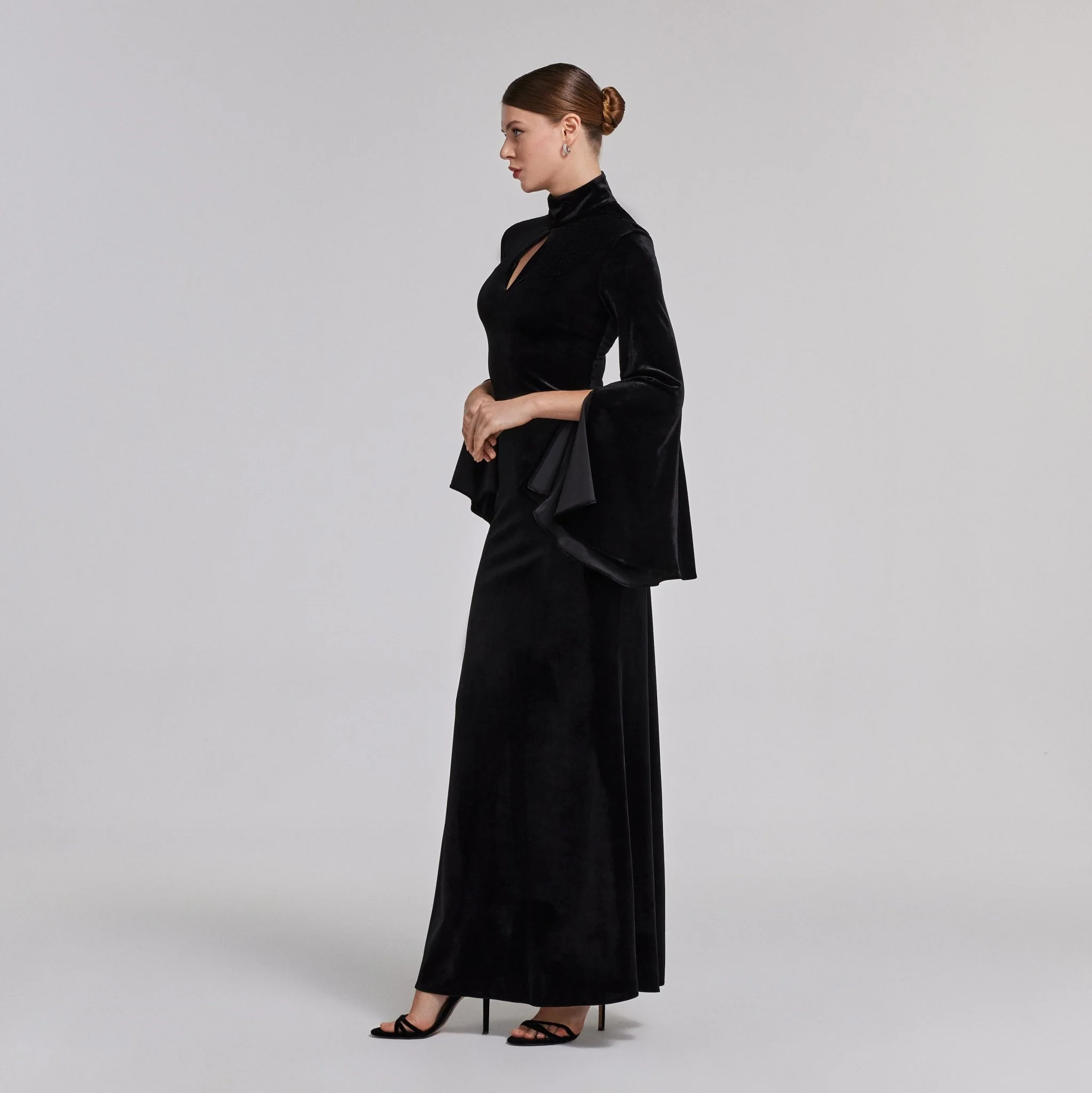 Black High Neck Flared Sleeve Velvet Dress - Image 3