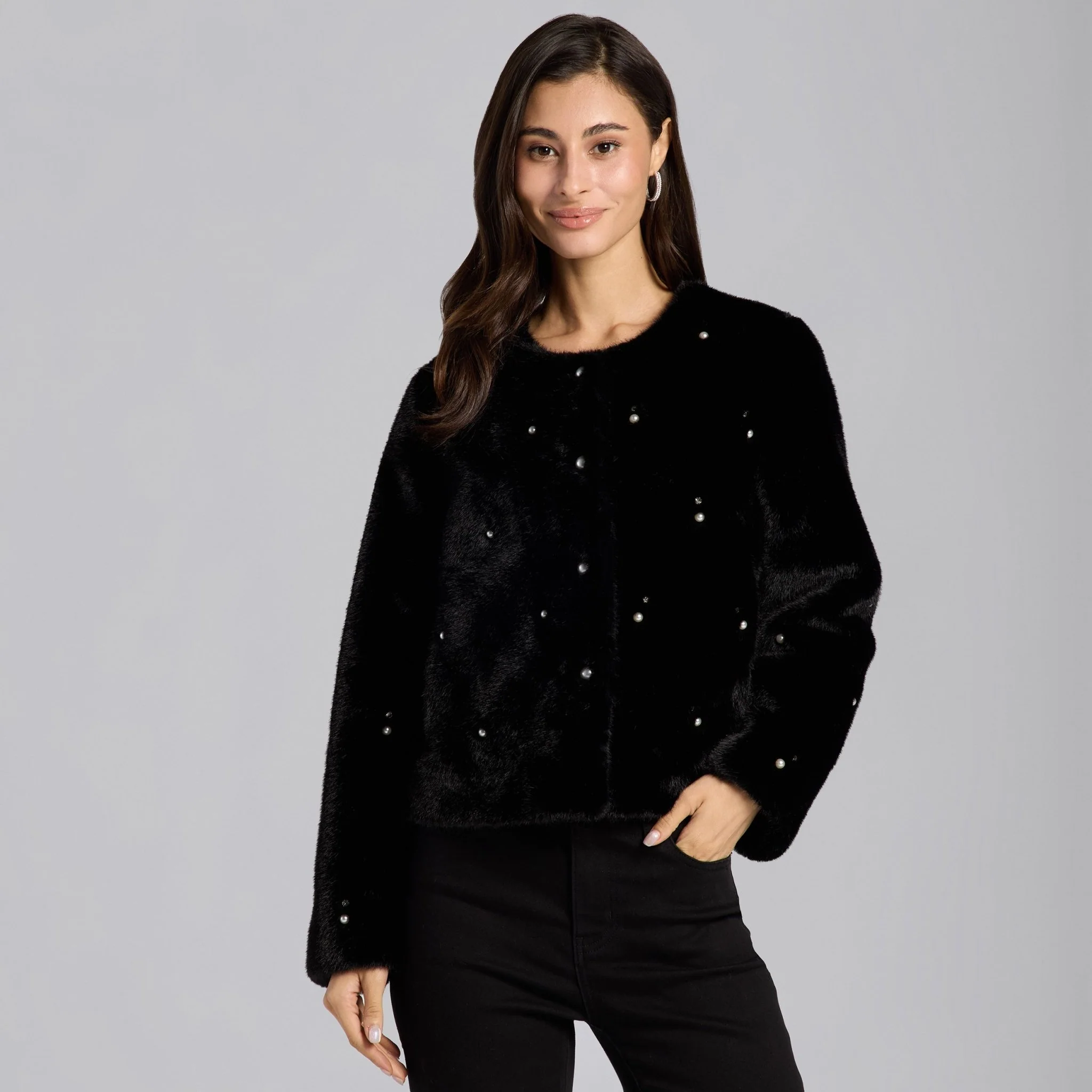Black Faux Mink Fur Pearl-Embellished Jacket