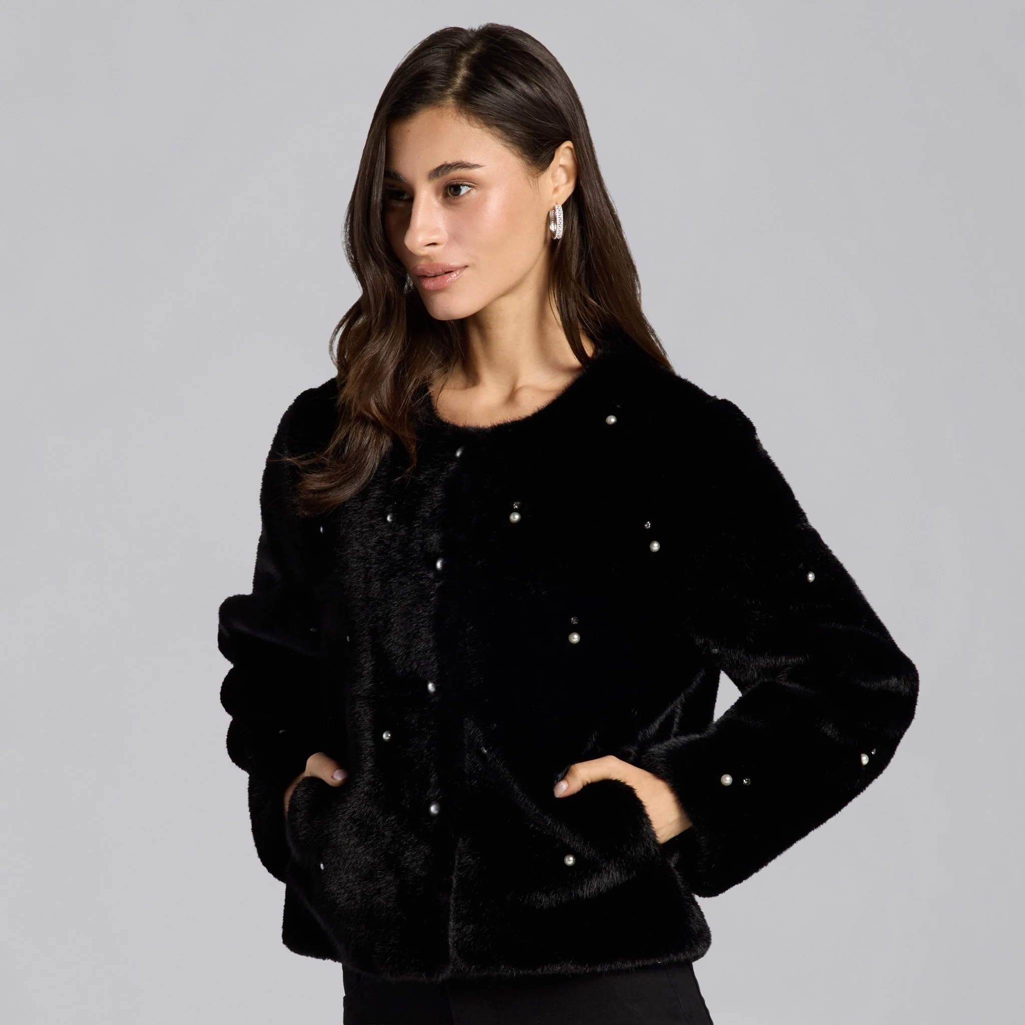 Black Faux Mink Fur Pearl-Embellished Jacket - Image 2