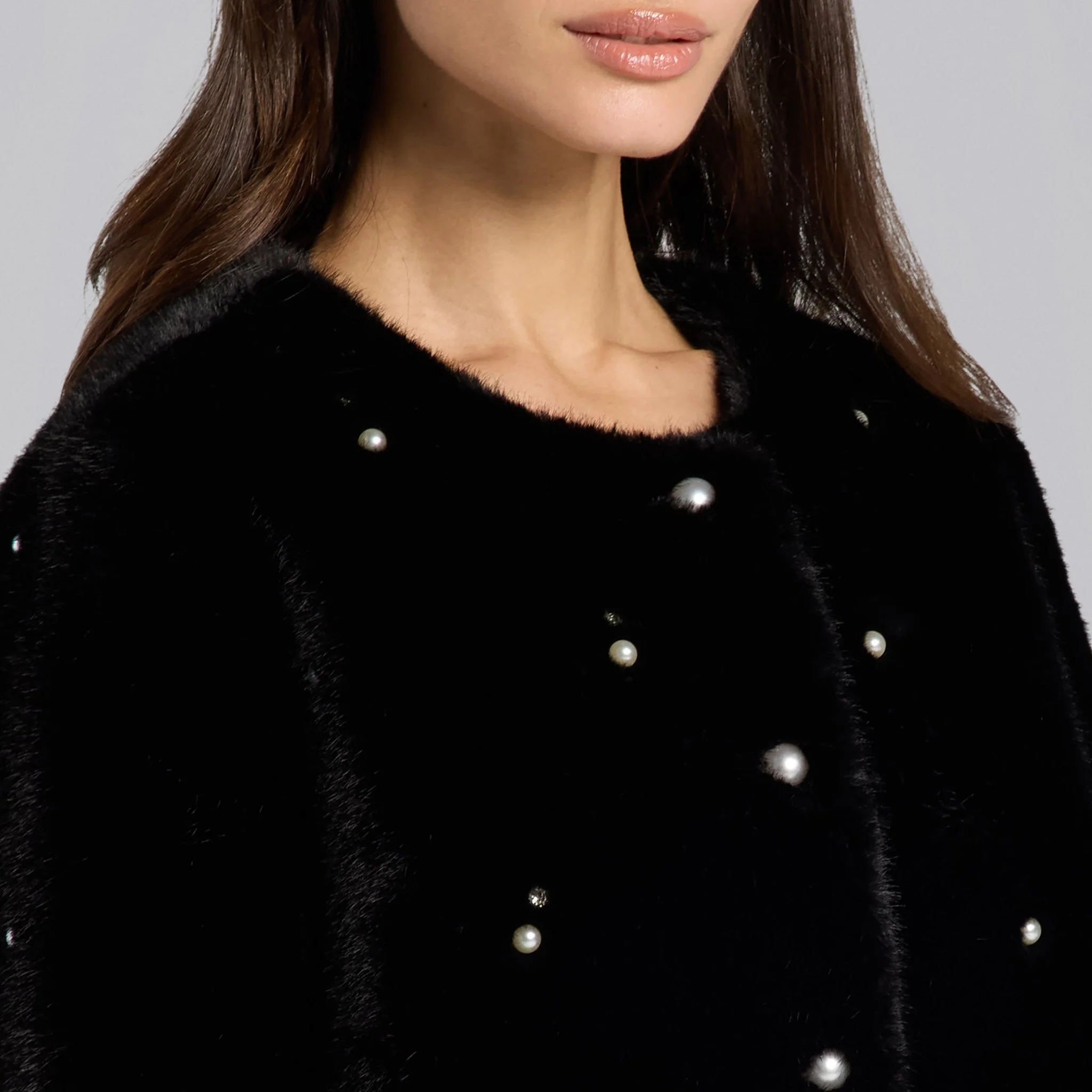 Black Faux Mink Fur Pearl-Embellished Jacket - Image 4