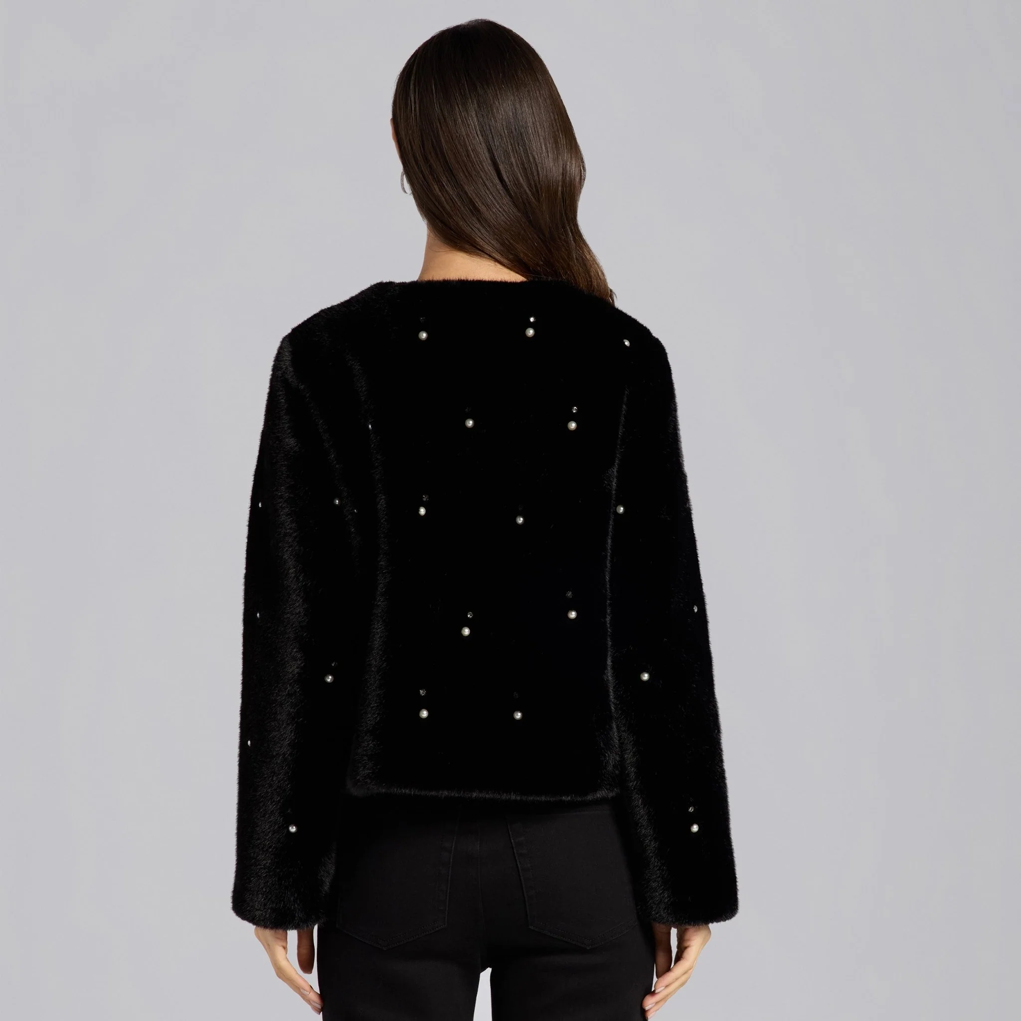 Black Faux Mink Fur Pearl-Embellished Jacket - Image 5