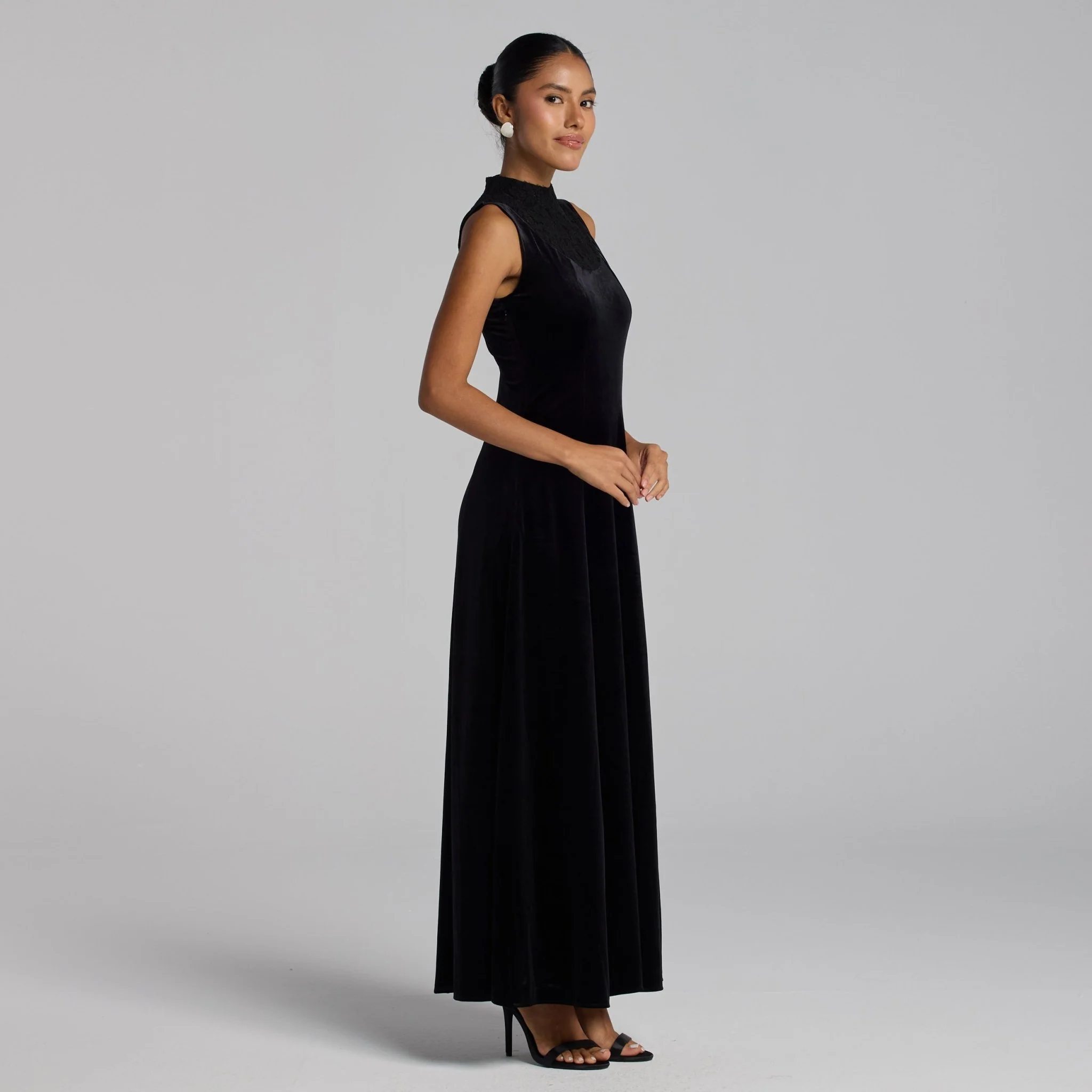 Black Lace Turtleneck Velvet Maxi Dress - Image 2