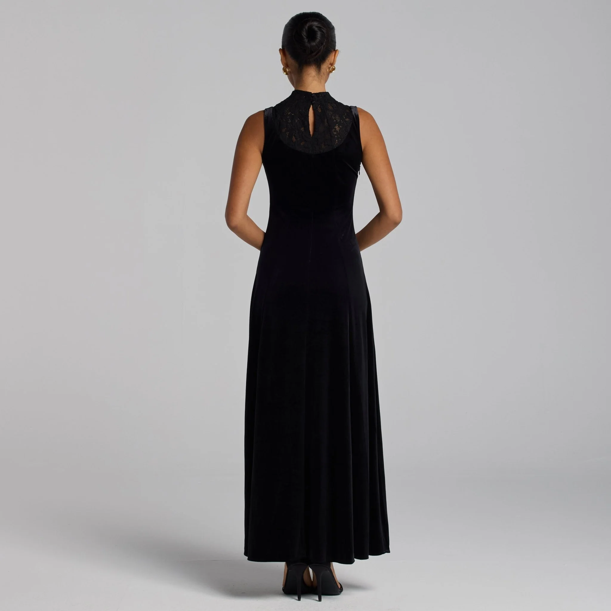 Black Lace Turtleneck Velvet Maxi Dress - Image 4