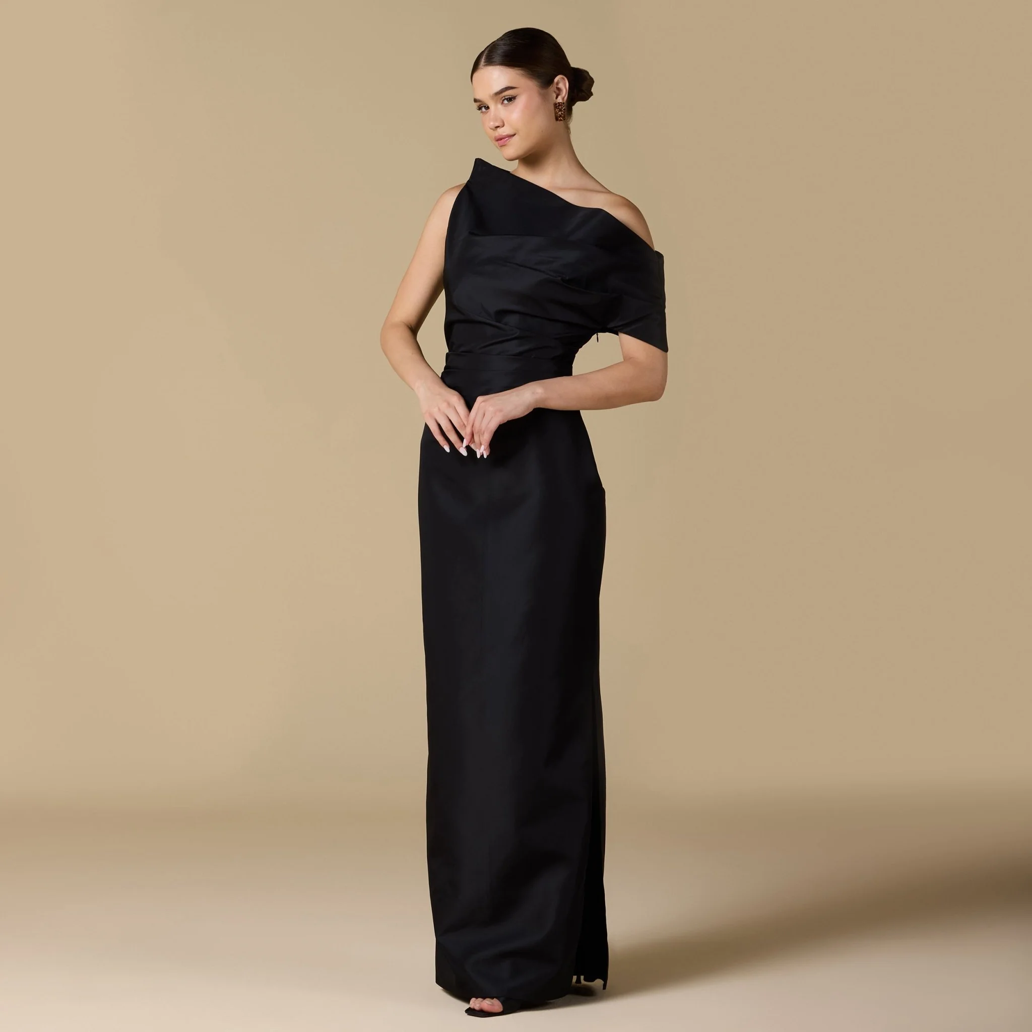 Black One Shoulder Taffeta Gown - Image 3