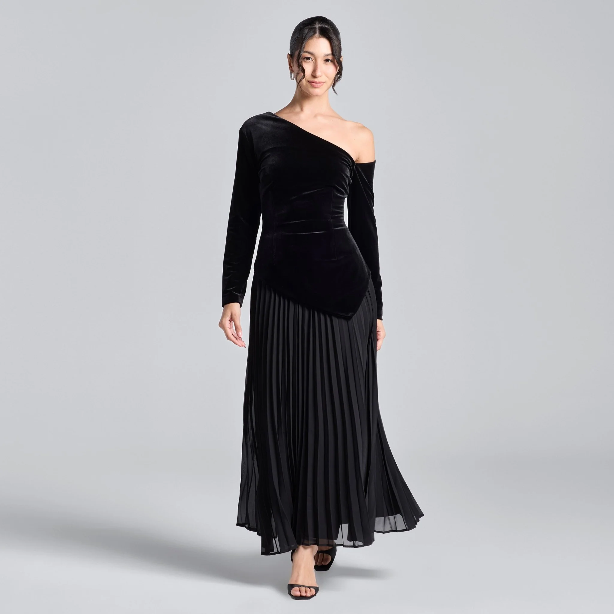 Black One-Shoulder Velvet-Chiffon Maxi Dress