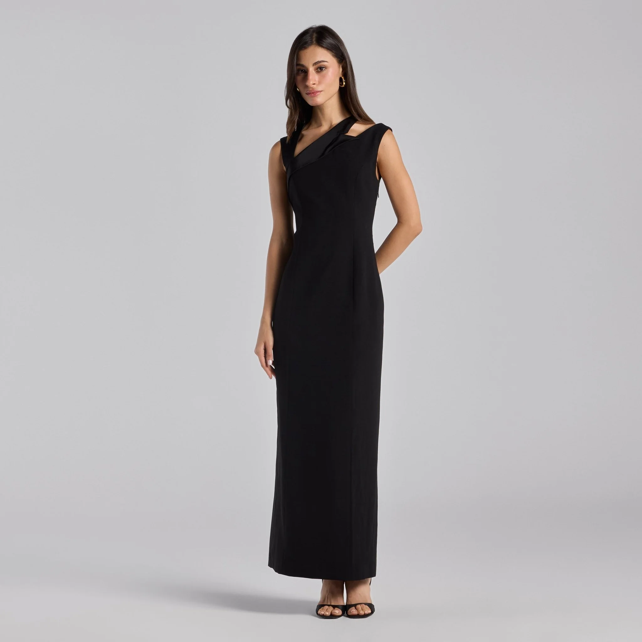 Black Satin-Trimmed Crepe Maxi Dress