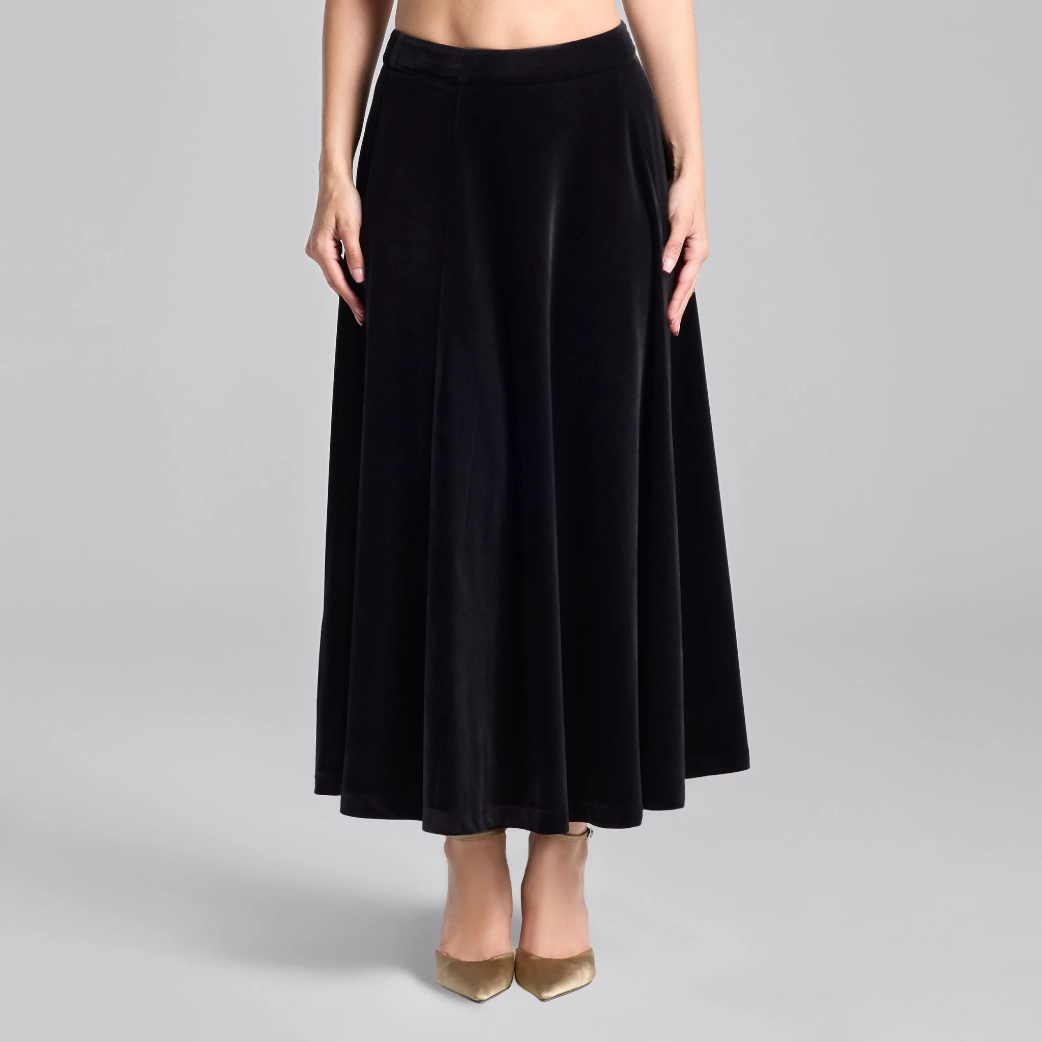 Black A Line Velvet Midi Skirt