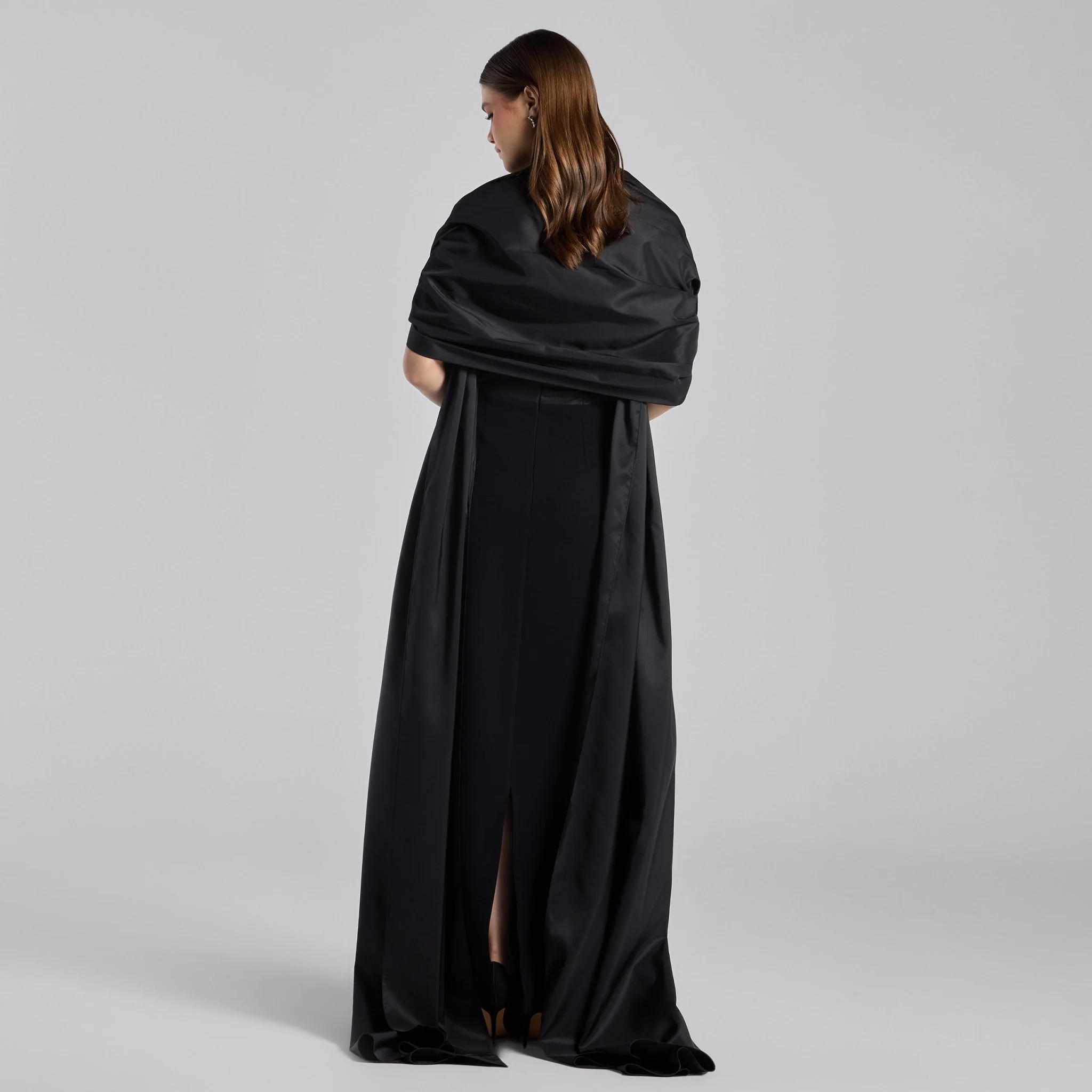 Black Strapless Maxi Dress with Puff Cape Sleeves - Image 4