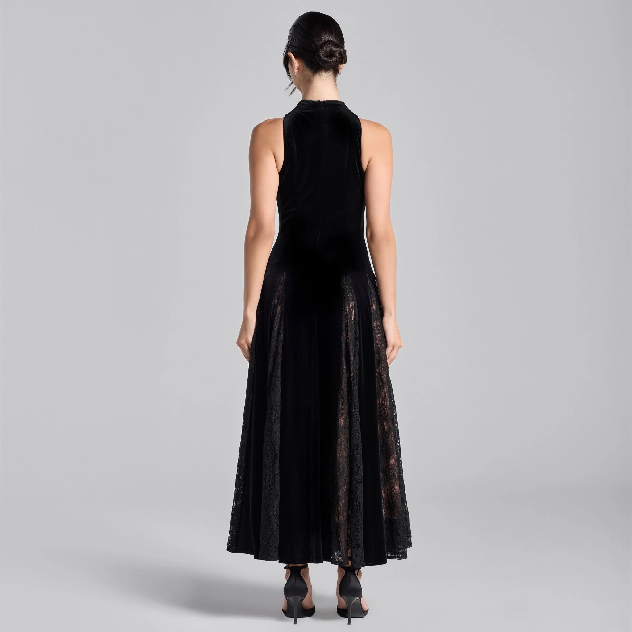 Black Turtleneck Velvet Dress with Lace Godets - Image 4