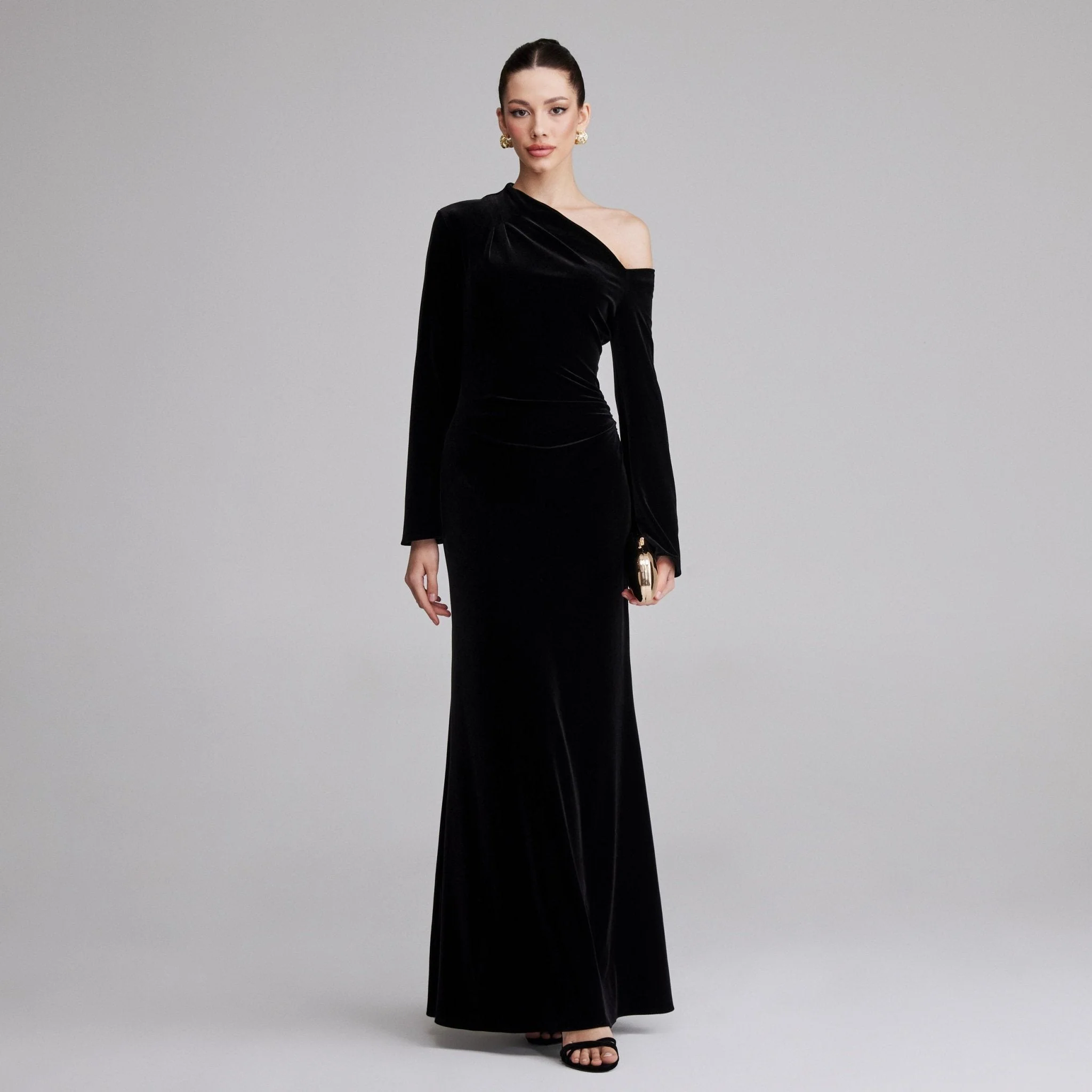 Black Velvet Bare Shoulder Maxi Dress - Image 2