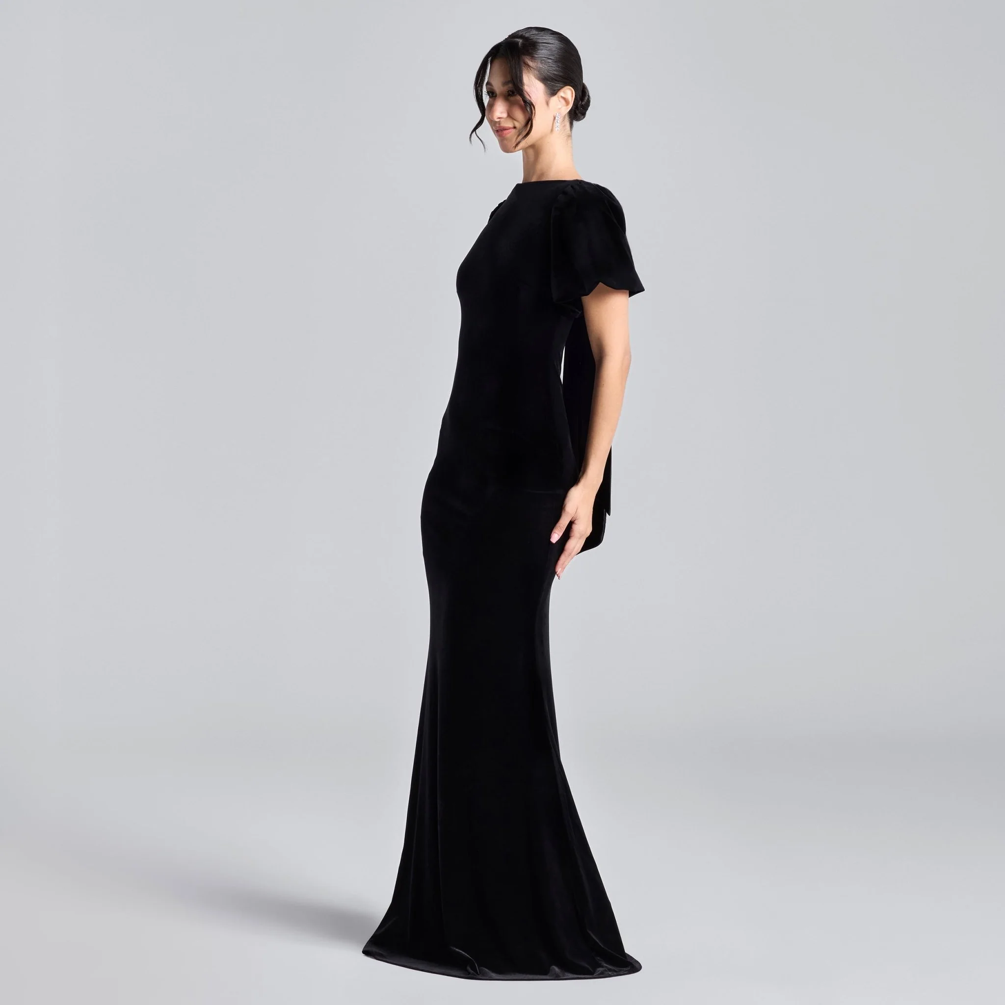 Black Velvet Dress with Back Satin Bow - Image 2