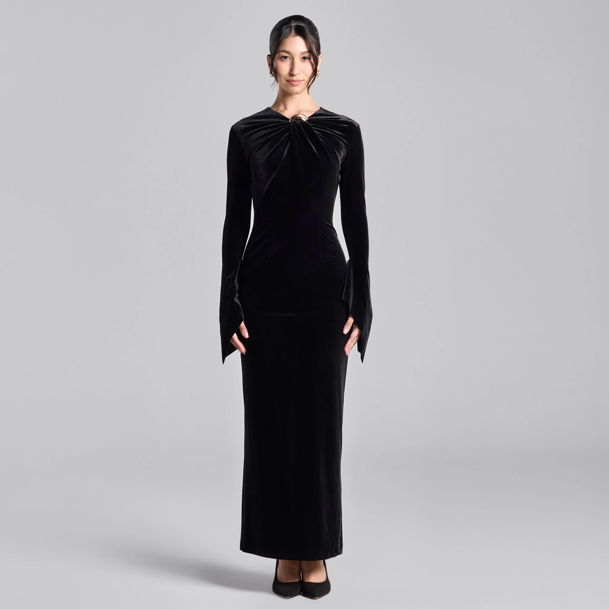 Black Velvet Front Ring Drape Maxi Dress