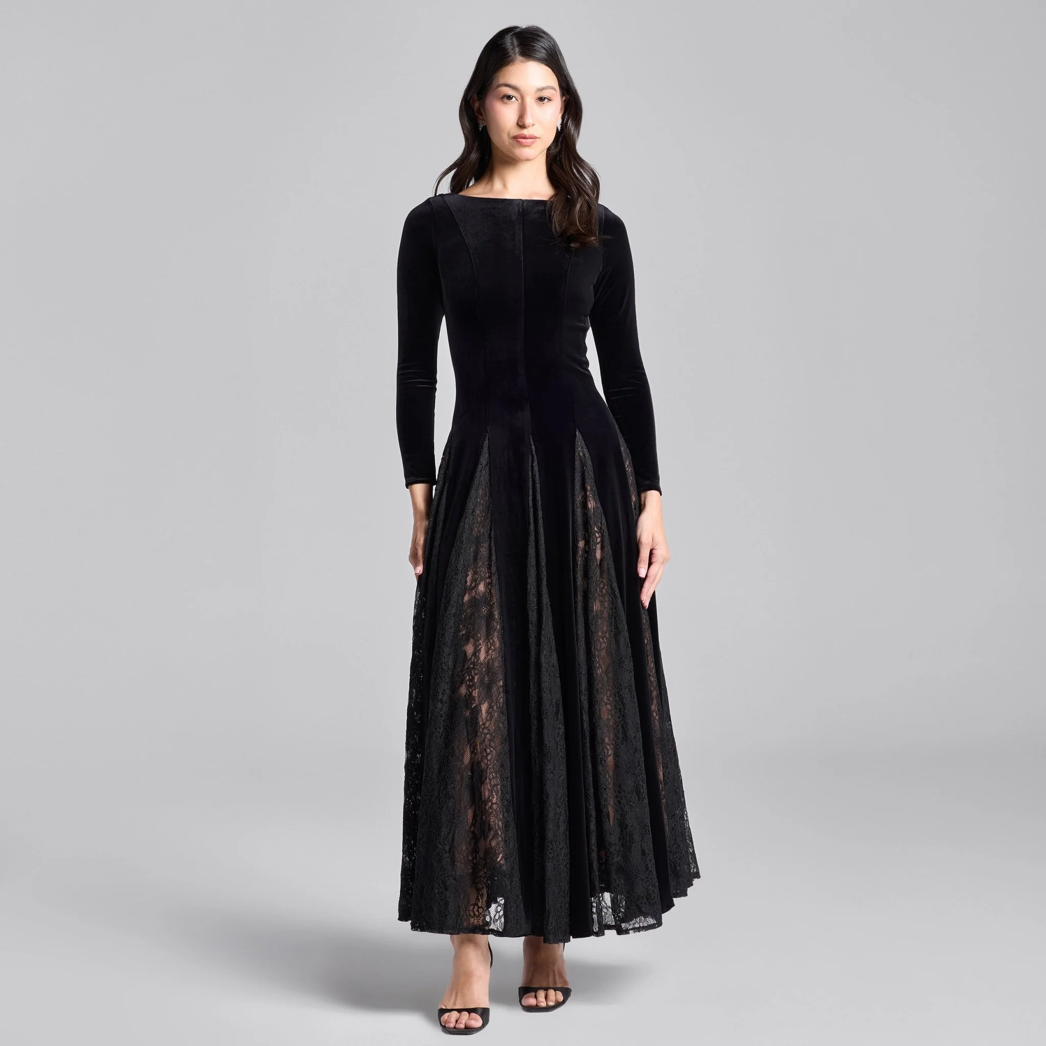 Black Velvet Maxi Dress with Lace Godets