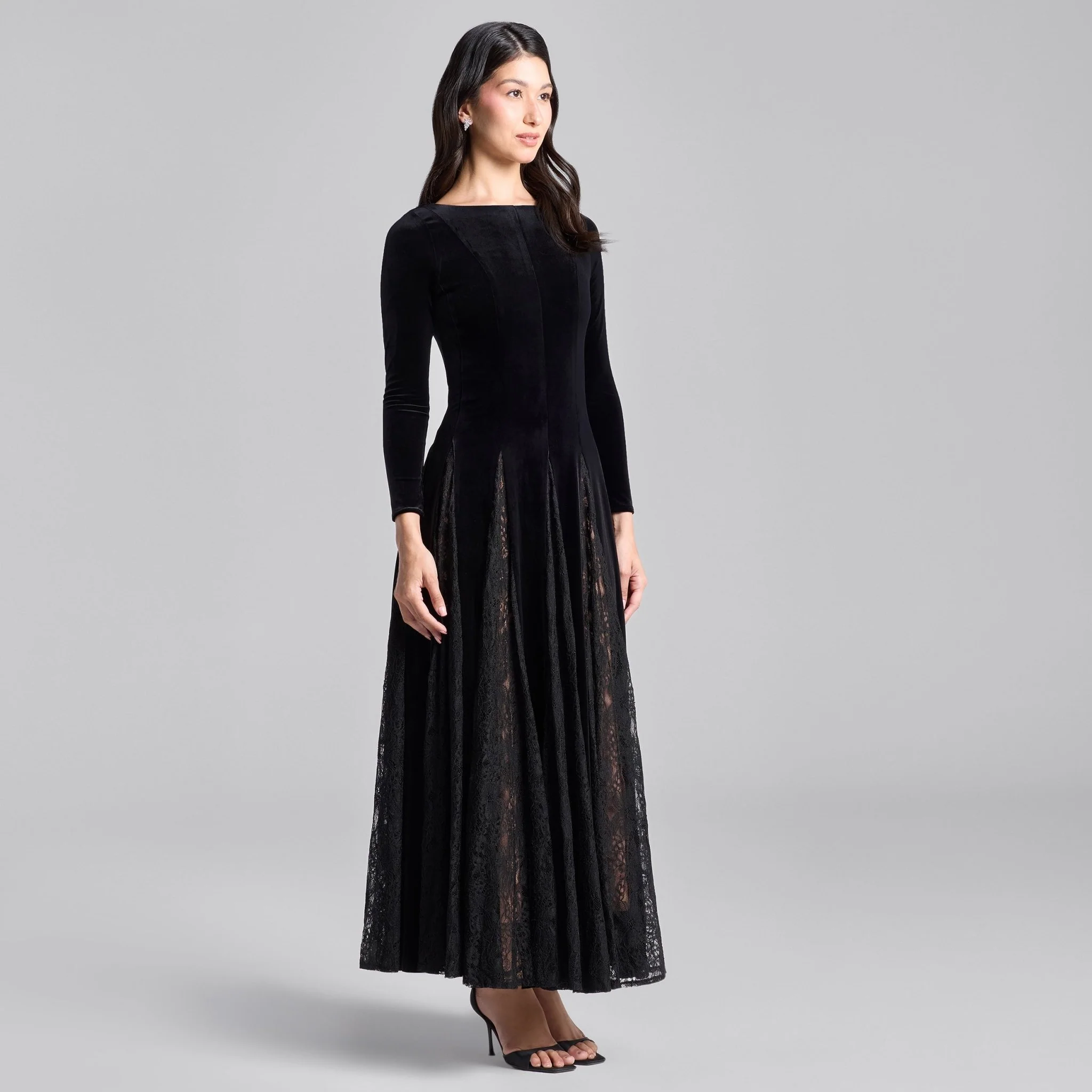 Black Velvet Maxi Dress with Lace Godets - Image 2