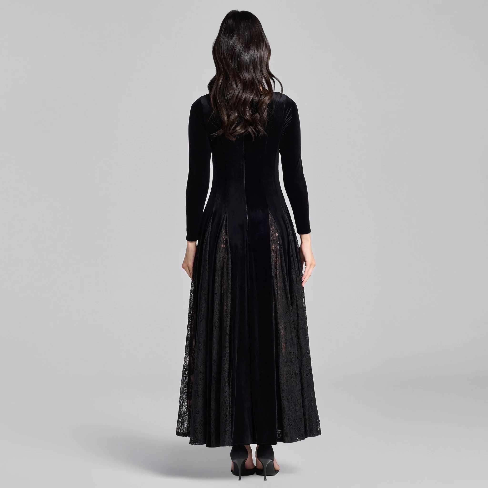 Black Velvet Maxi Dress with Lace Godets - Image 4