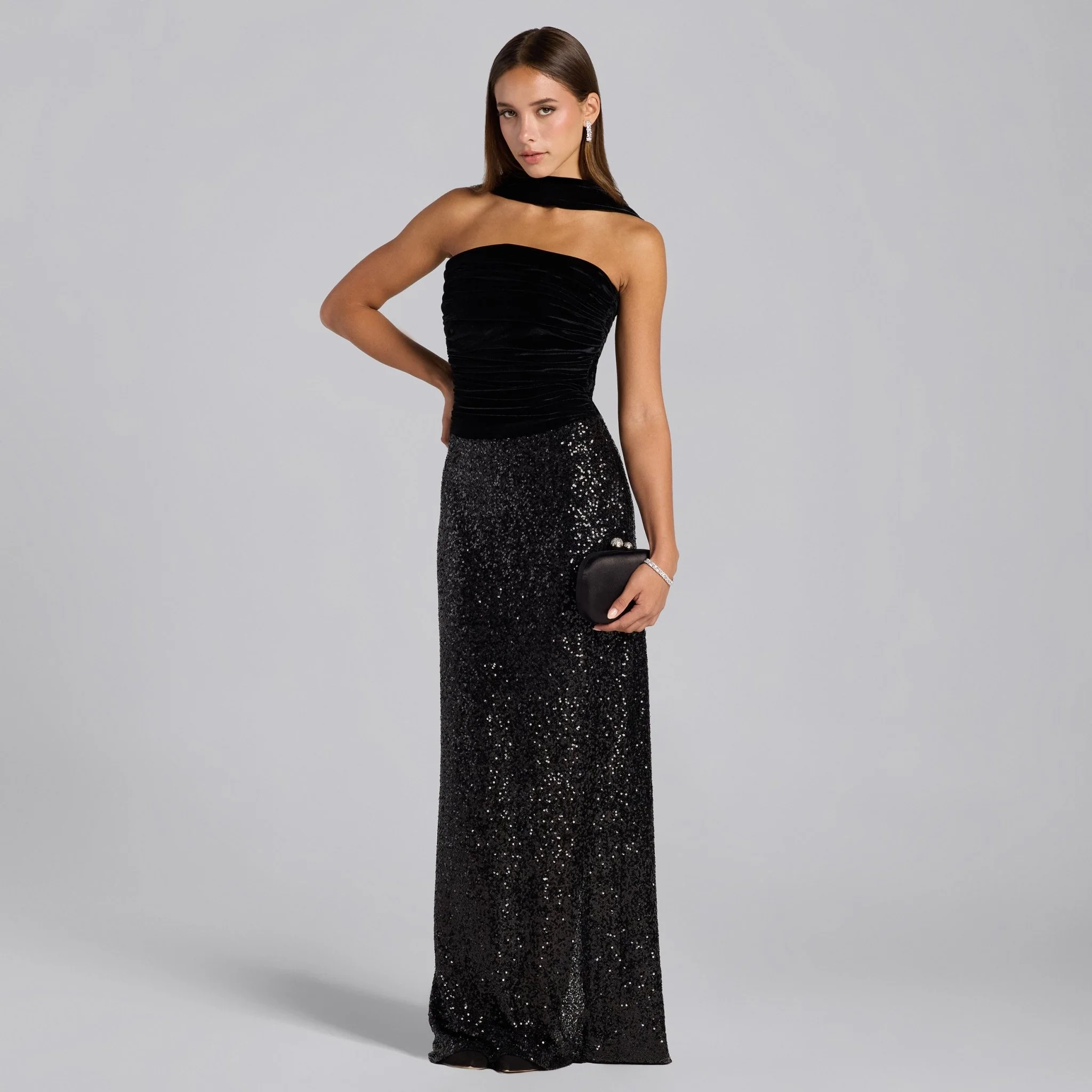 Black Velvet & Sequin Strapless Maxi Dress