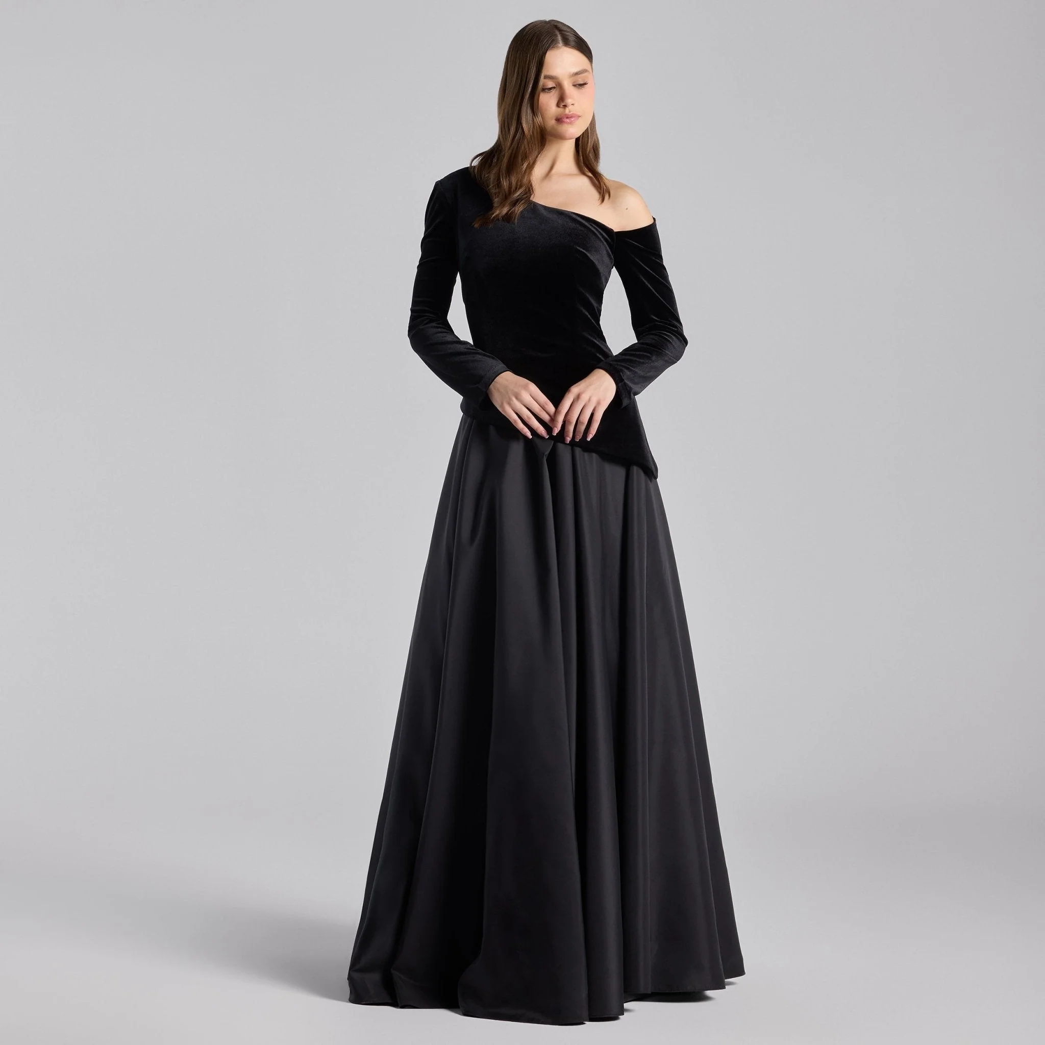 Black Velvet & Taffeta One Shoulder Gown