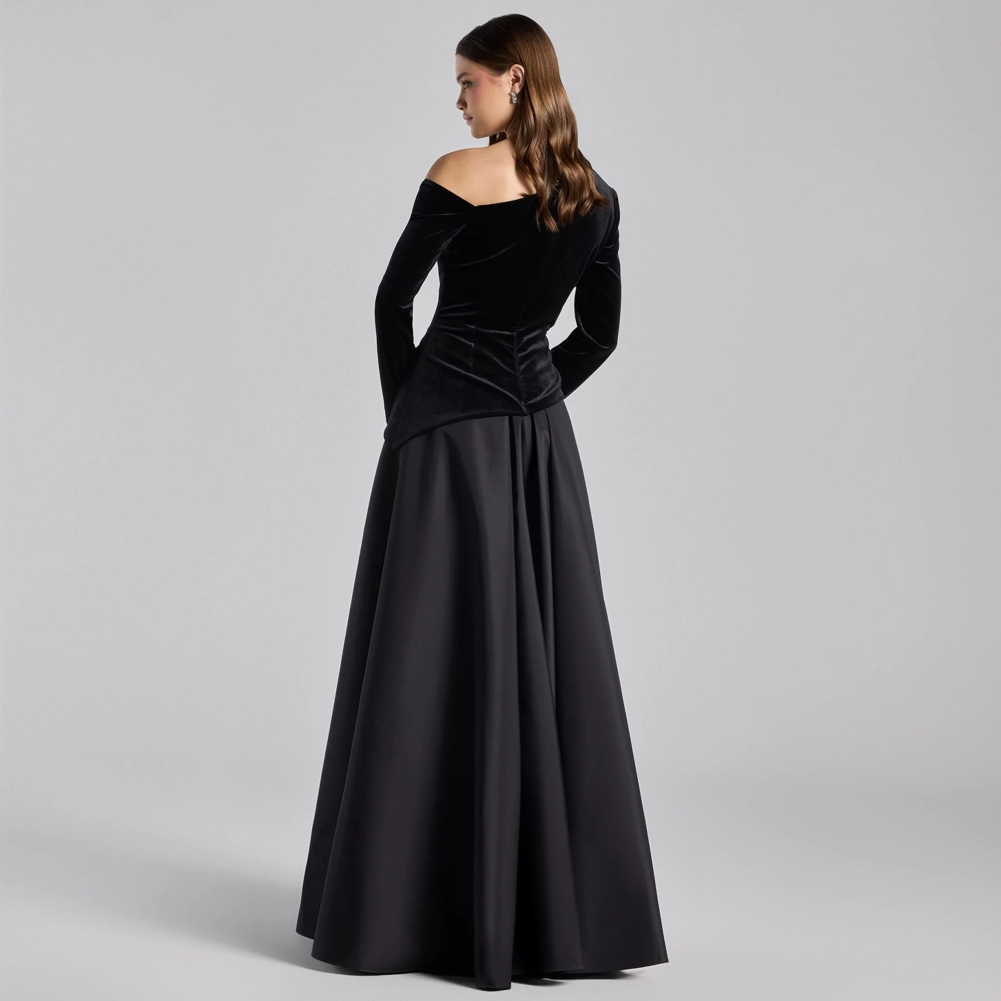 Black Velvet & Taffeta One Shoulder Gown - Image 2