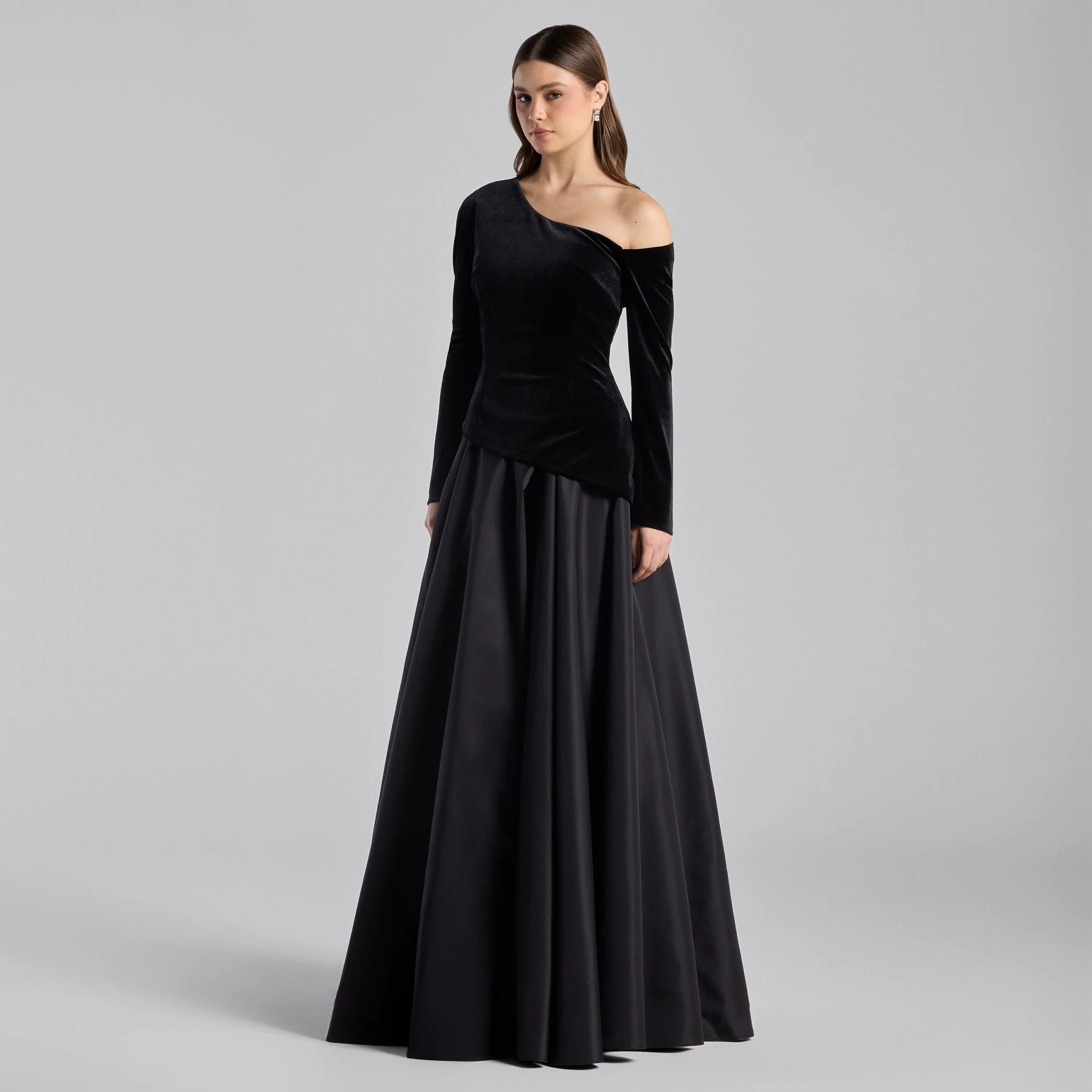 Black Velvet & Taffeta One Shoulder Gown - Image 4
