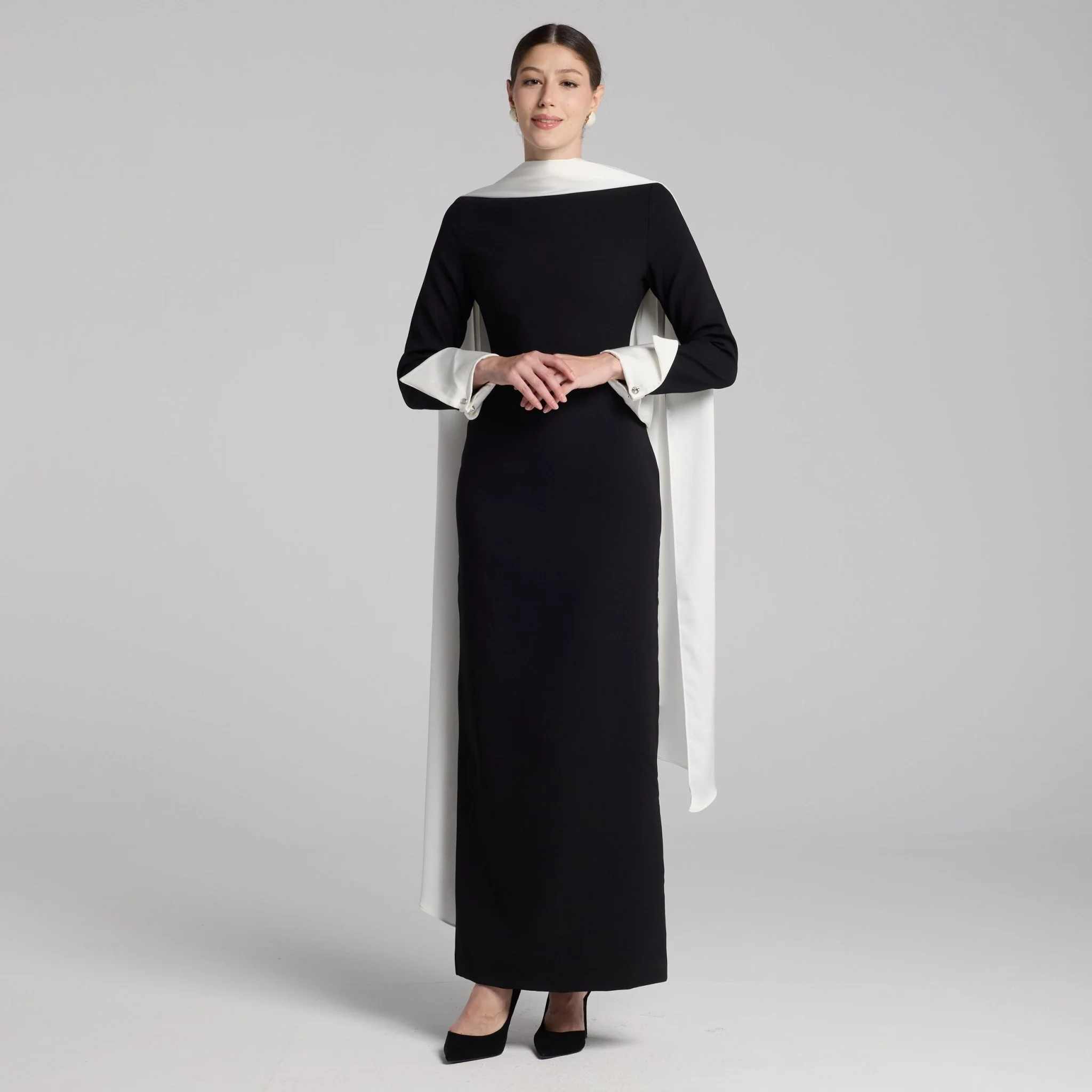 Black & White Draped Crepe Dress - Image 2