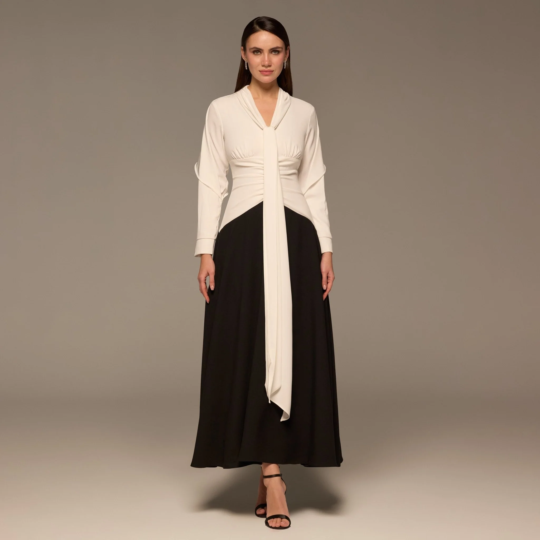 Black & White Draped Crepe Dress with Scarf