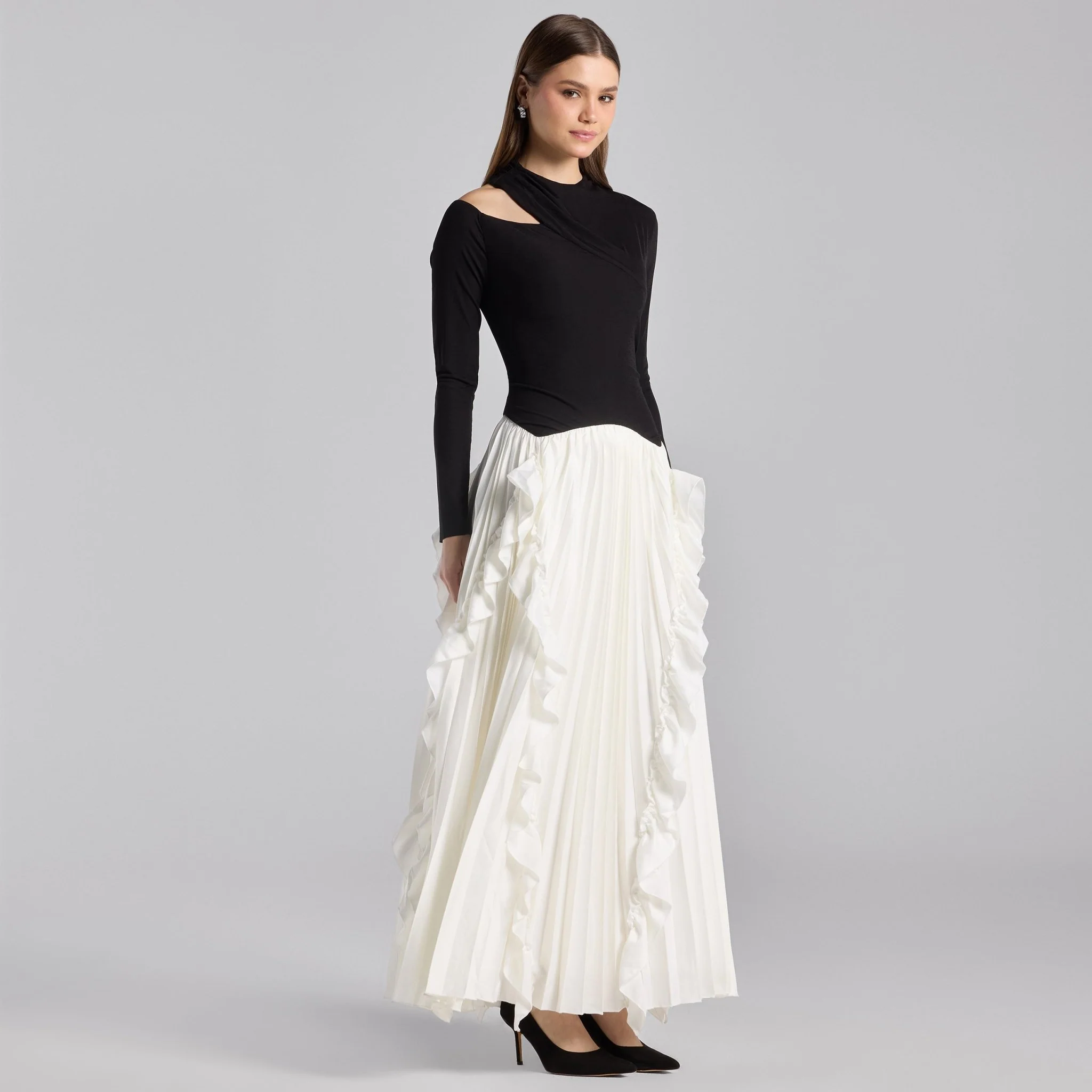 Black & White Draped Jersey & Satin Pleated Maxi Dress - Image 2