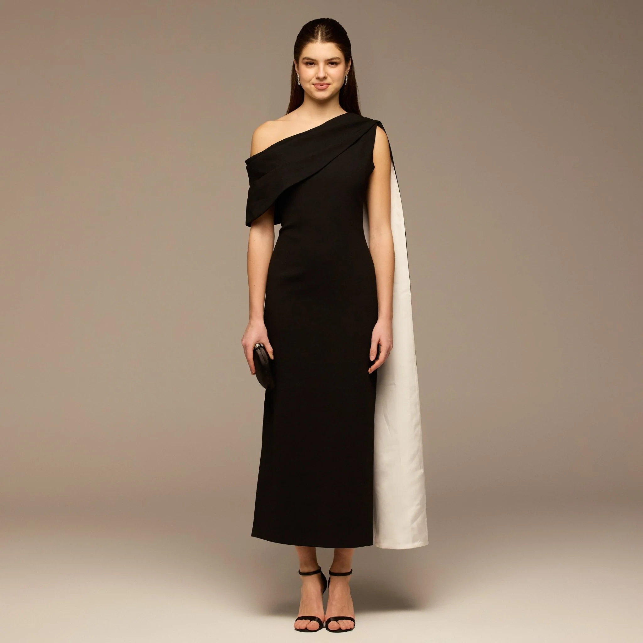 Black & White One-Shoulder Crepe Dress with Scarf - Image 2