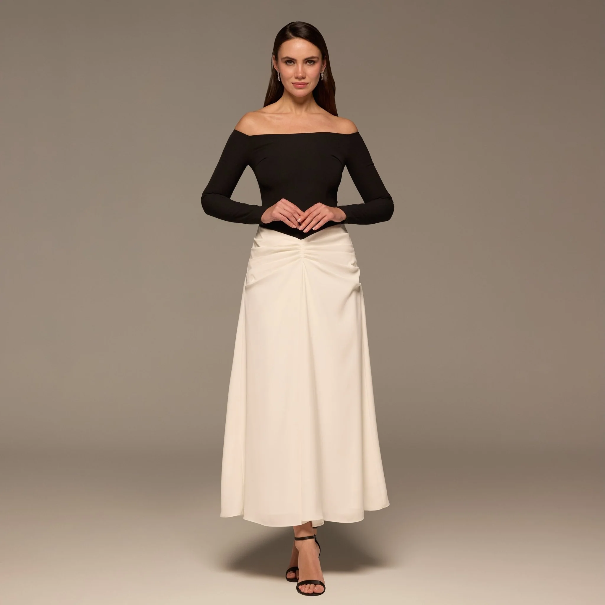 Black & White Gathered Waist Crepe Maxi Dress