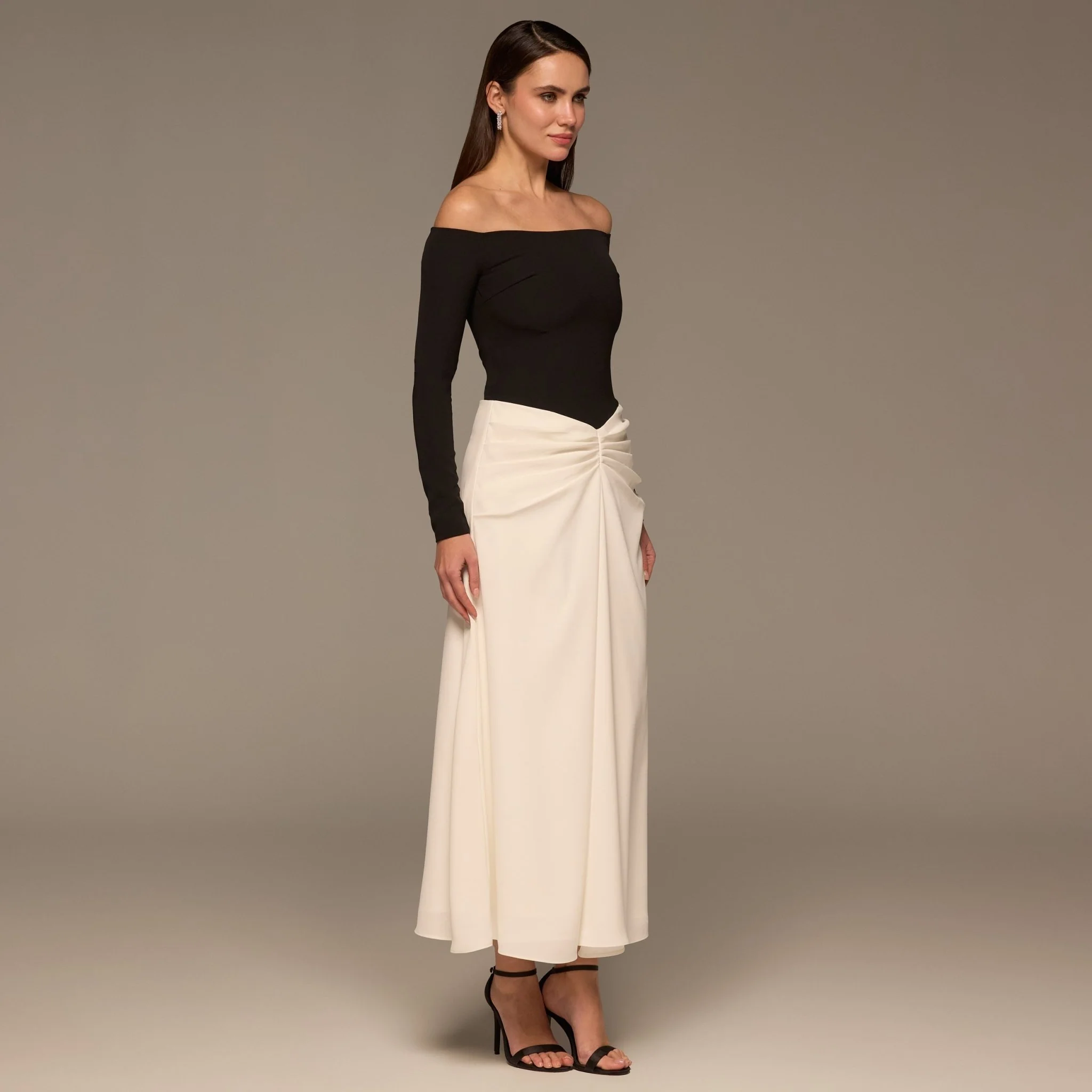 Black & White Gathered Waist Crepe Maxi Dress - Image 2