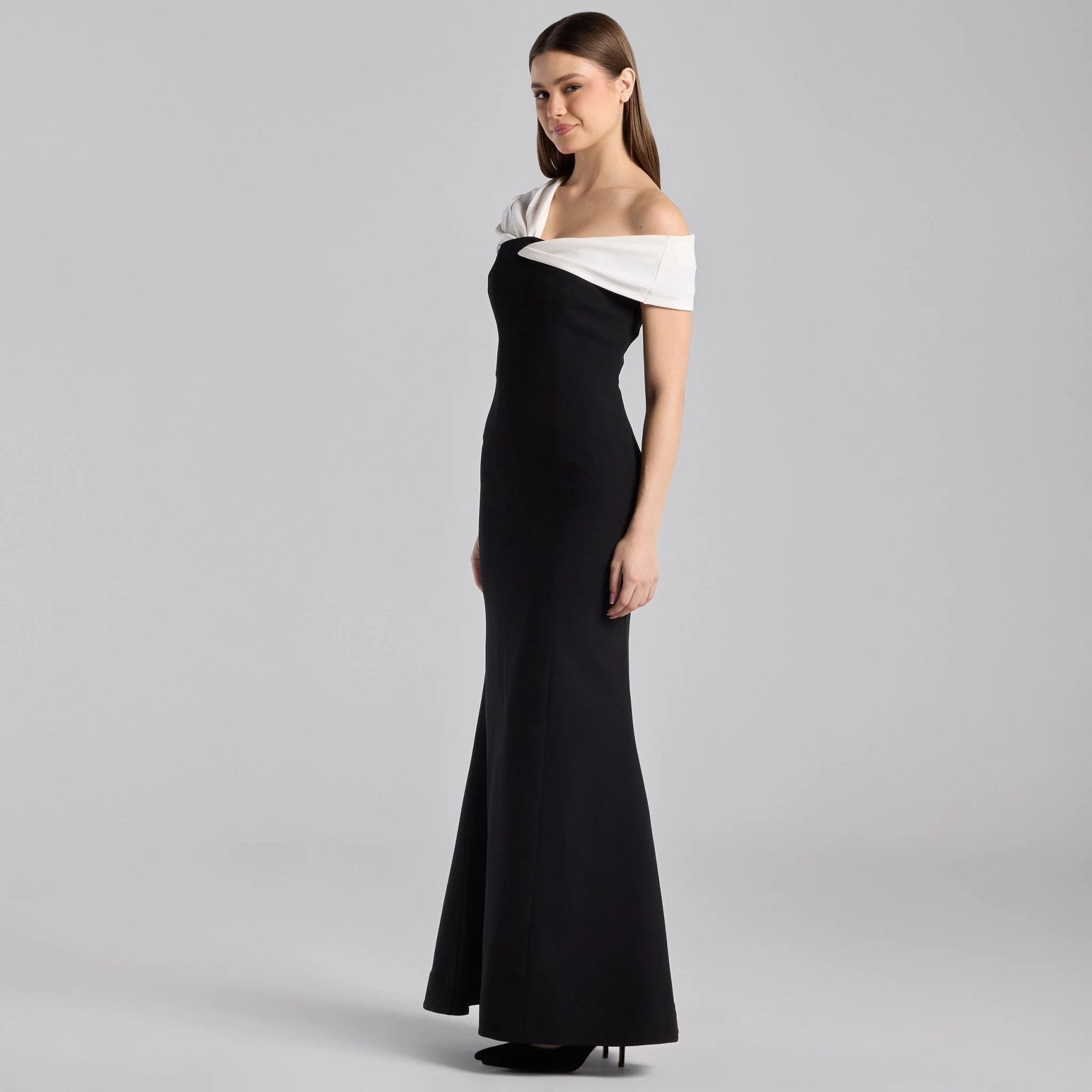 Black & White Two-Tone Off-Shoulder Crepe Maxi Dress - Image 2