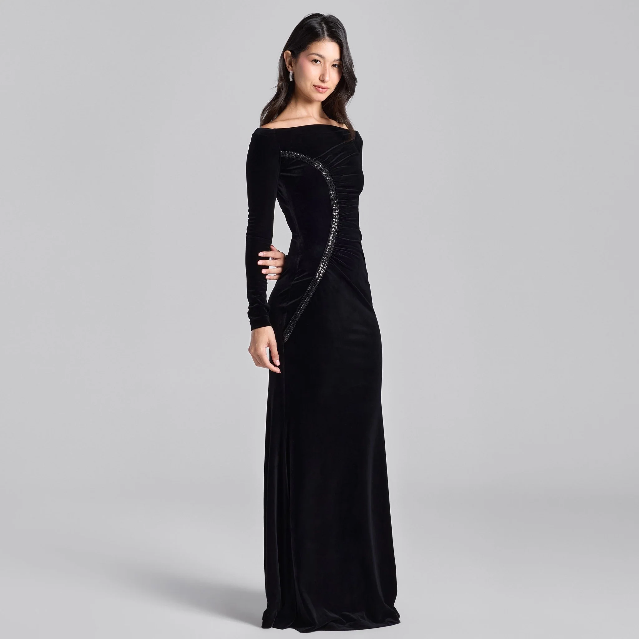 Black Velvet Draped Crystal Trim Maxi Dress - Image 2