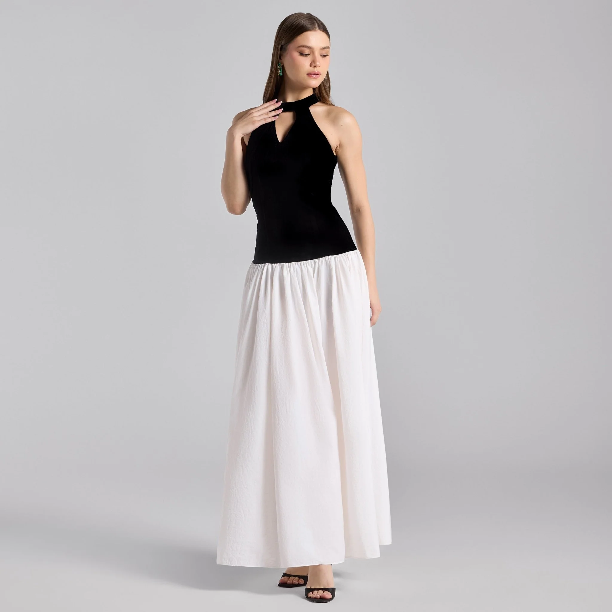 Black & White Velvet-Taffeta Halter Dress