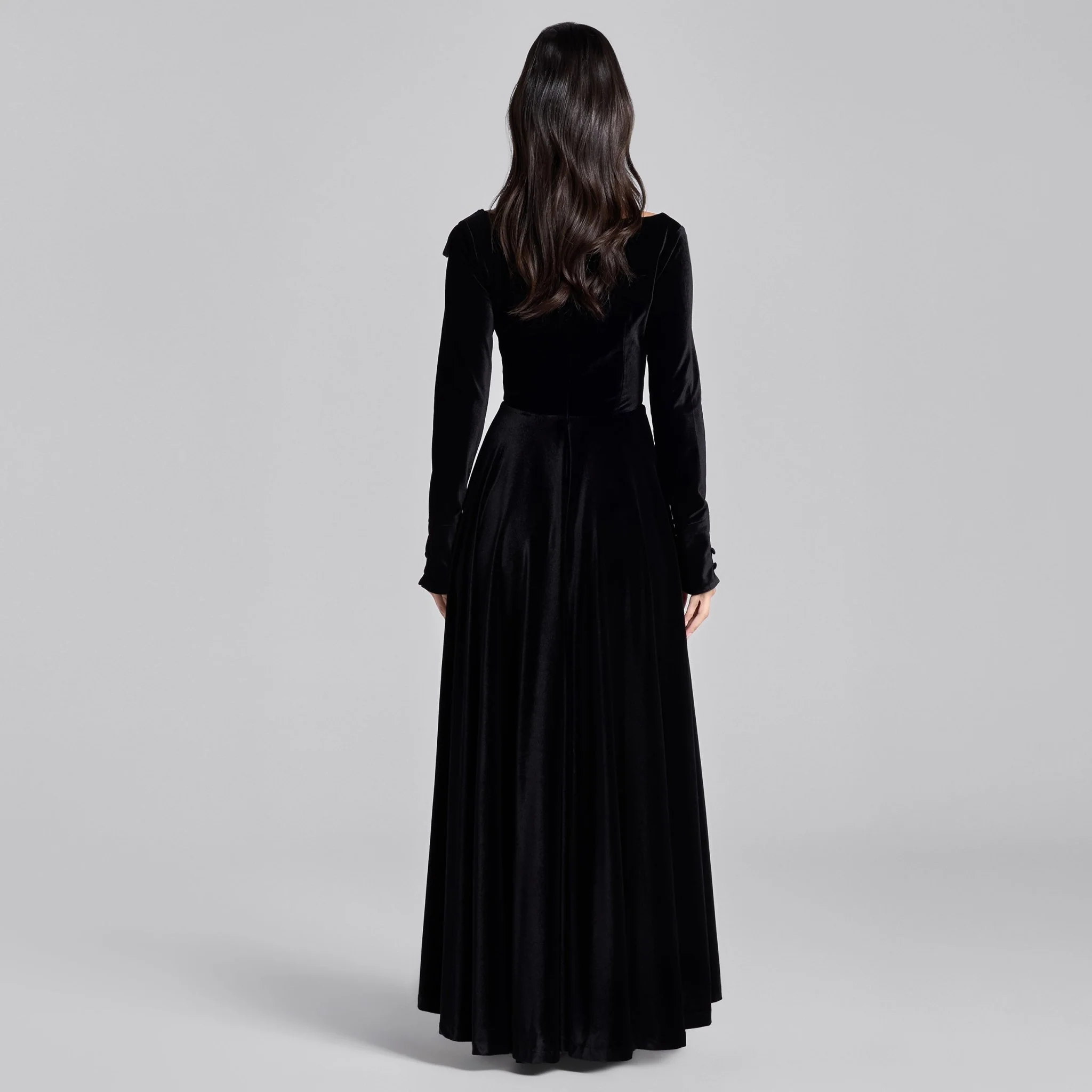 Black Wide V Neck Long Sleeve Velvet Midi Dress - Image 4