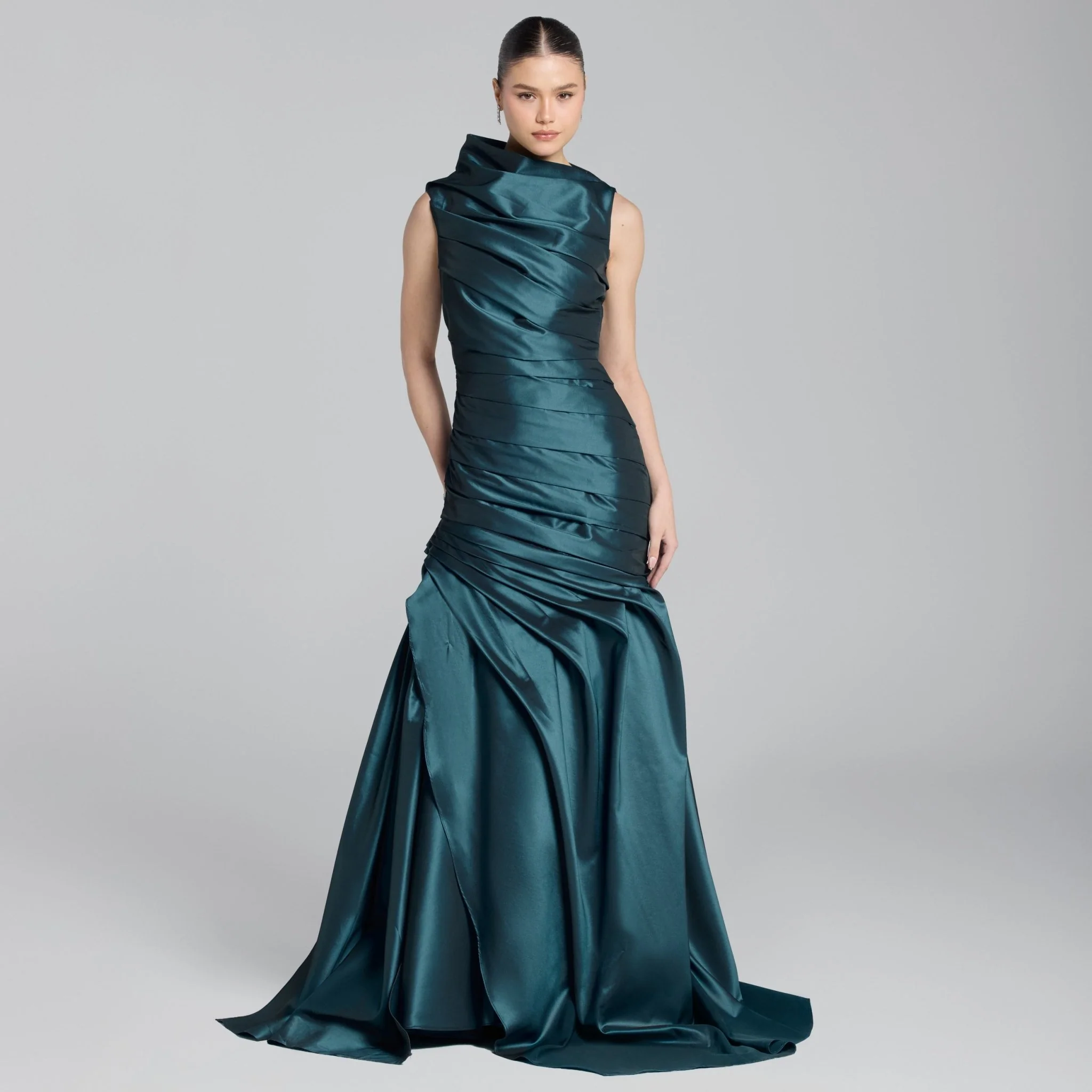 Blue Draped Taffeta Fishtail Gown
