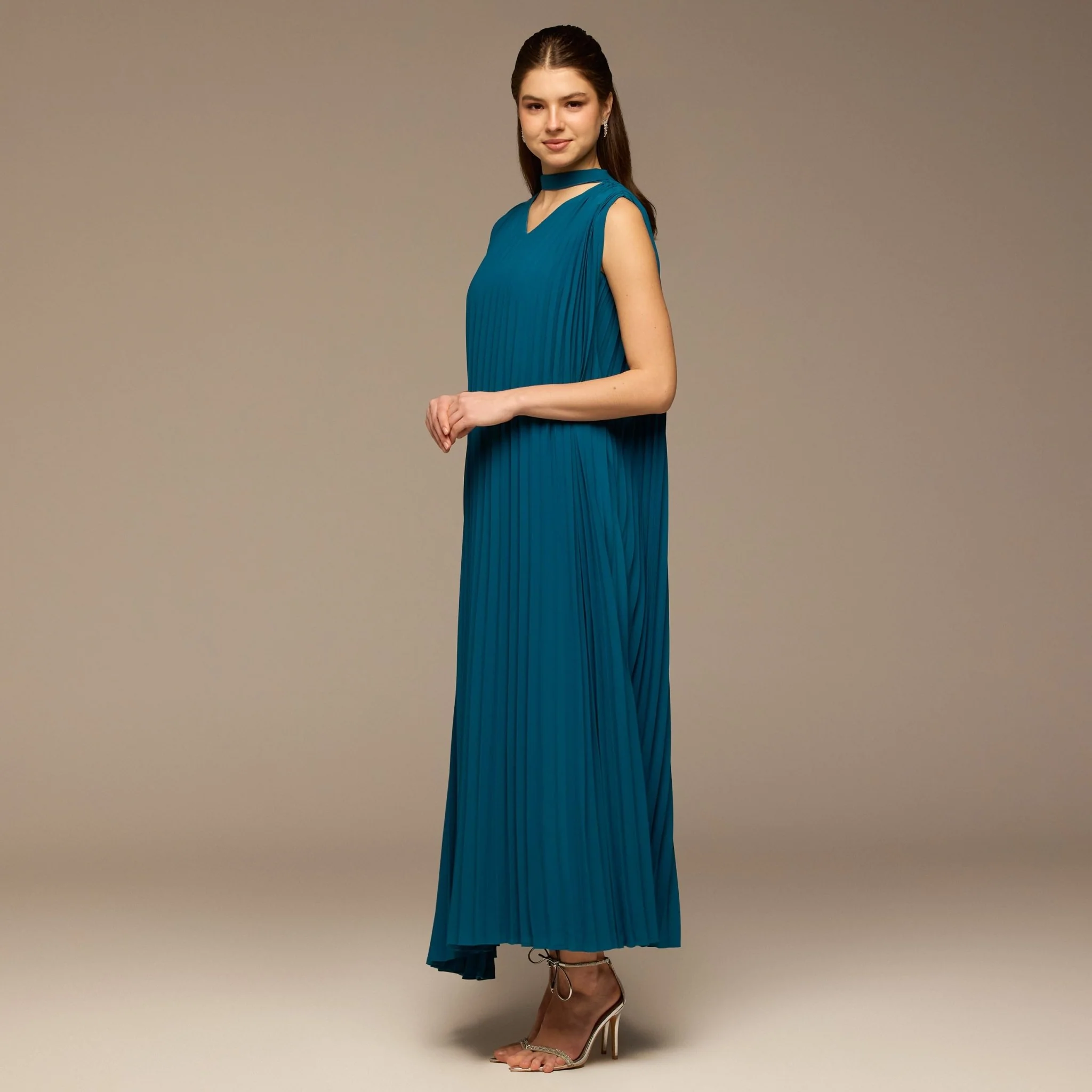 Blue V-Neck All Over Pleated Chiffon Maxi Dress - Image 2