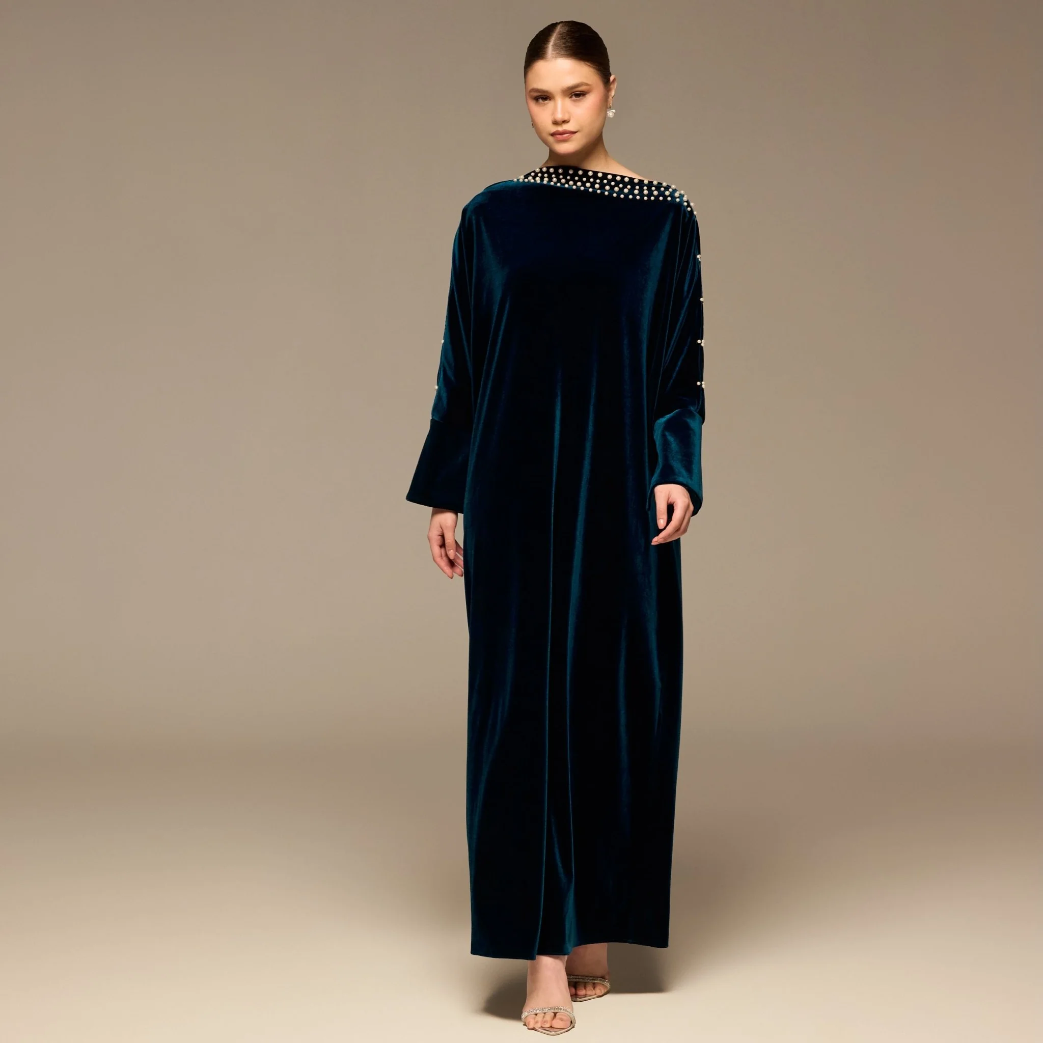Blue Asymmetric Long Sleeve Velvet Maxi Dress