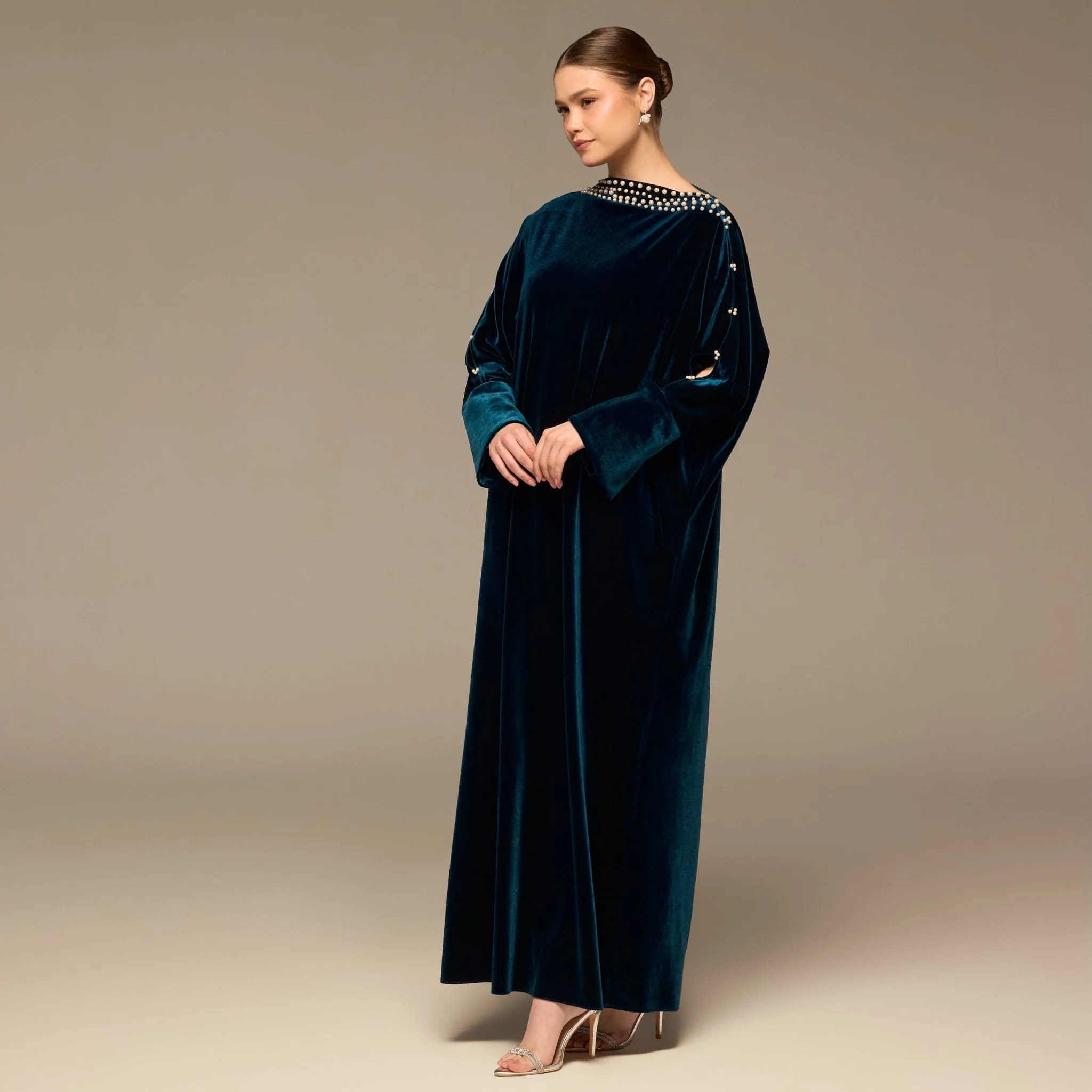 Blue Asymmetric Long Sleeve Velvet Maxi Dress - Image 2