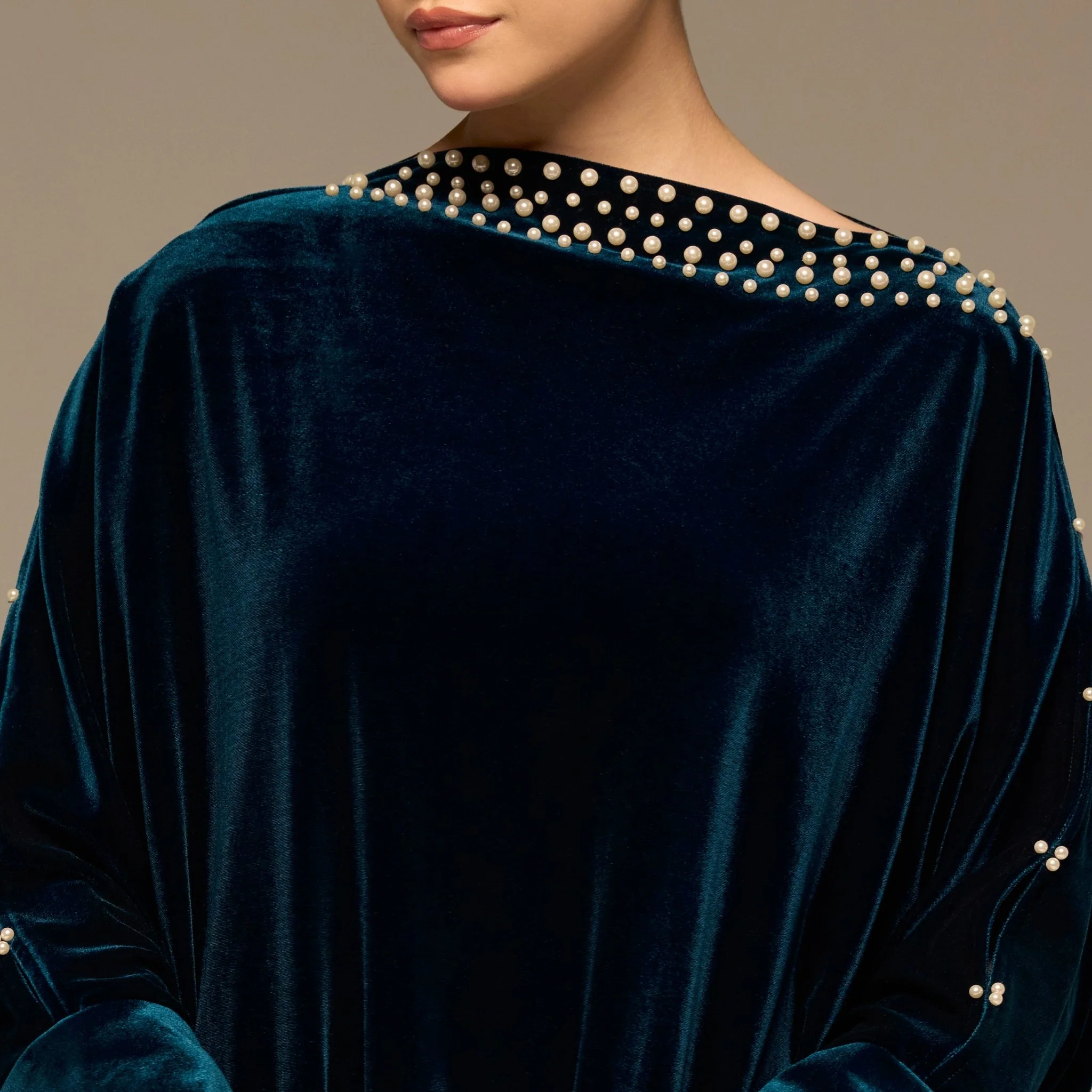 Blue Asymmetric Long Sleeve Velvet Maxi Dress - Image 3