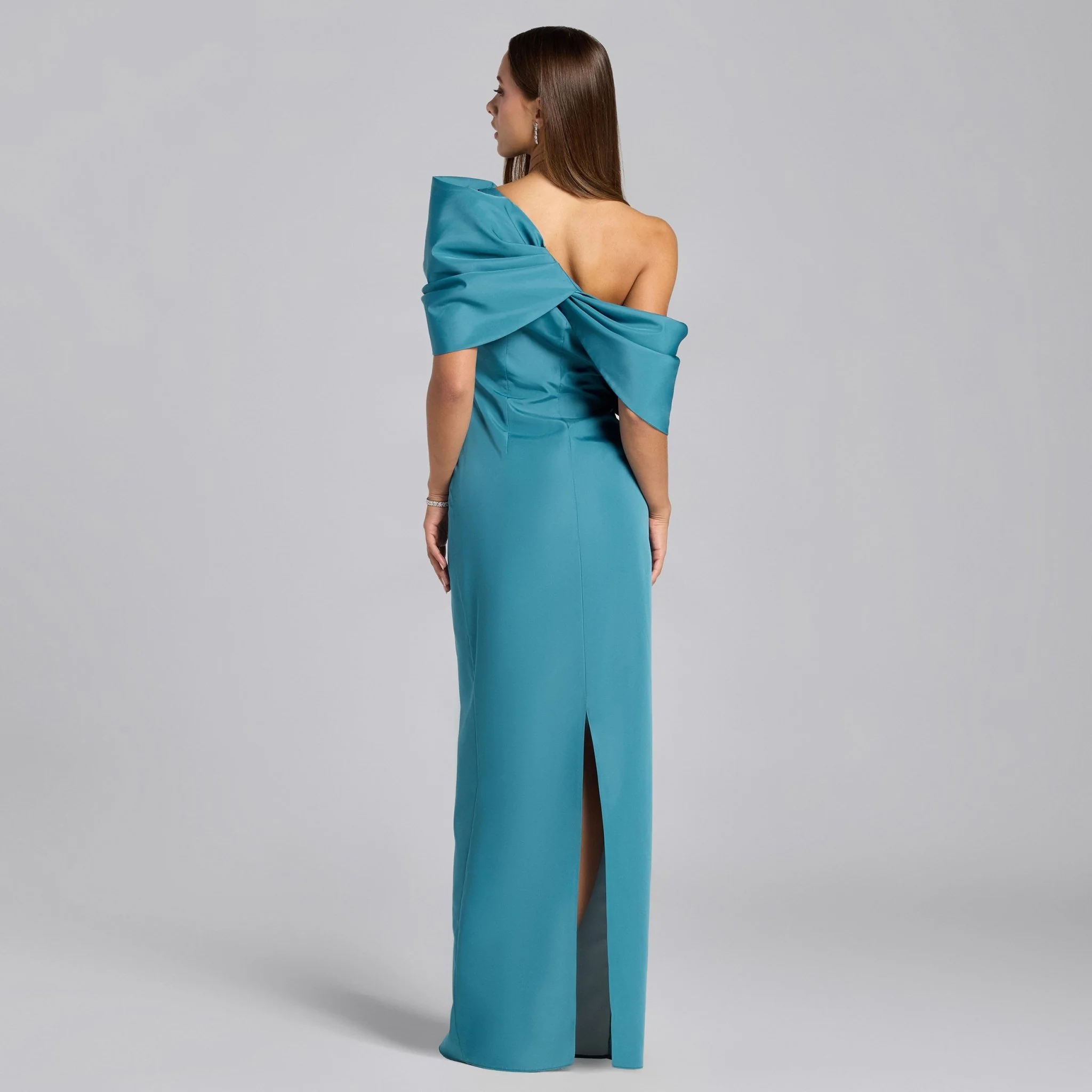 Blue Taffeta Off Shoulder Draped Maxi Dress - Image 4